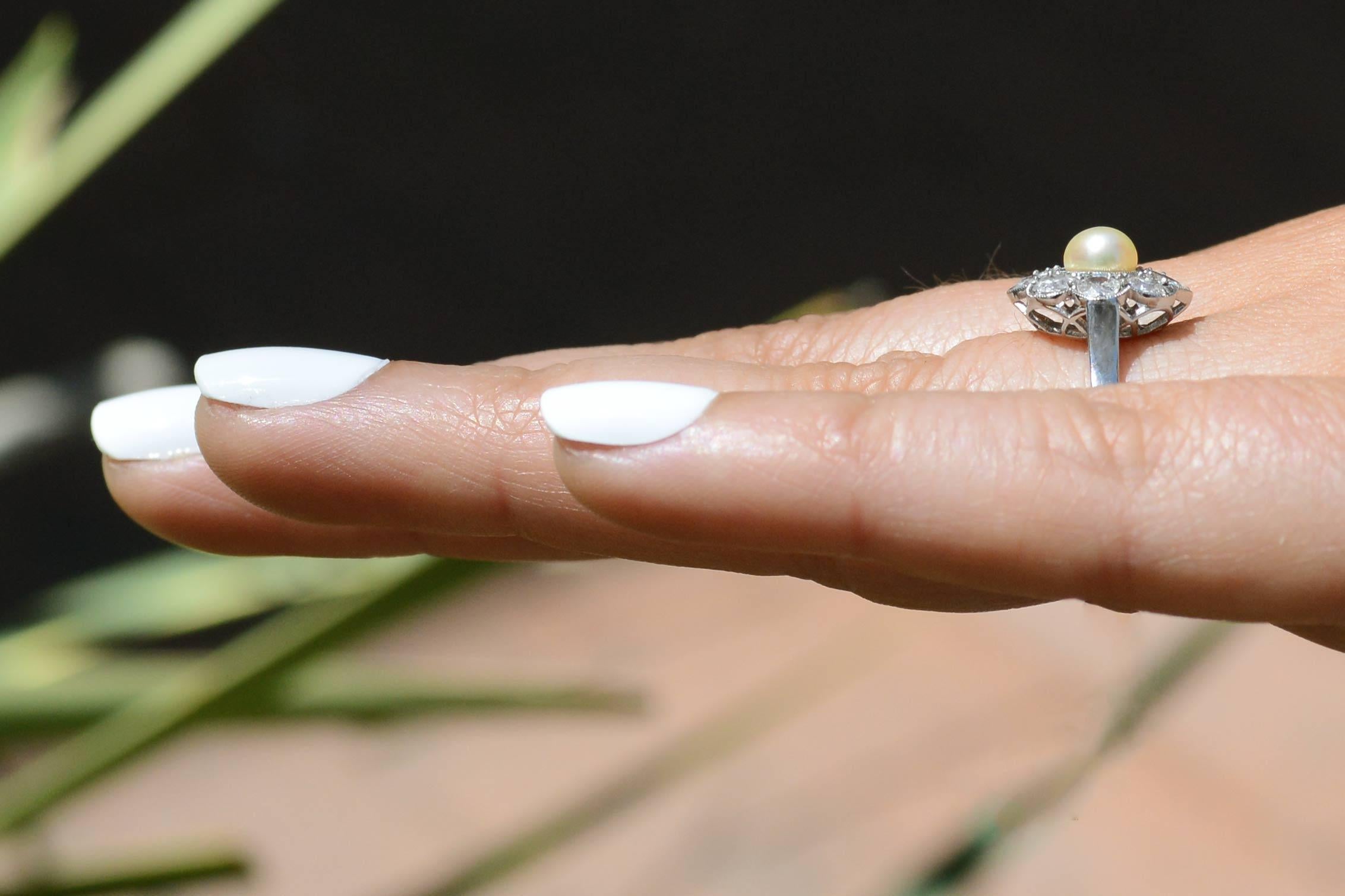 Edwardian Natural Pearl Antique Diamond Engagement Ring Flower Cluster Motif