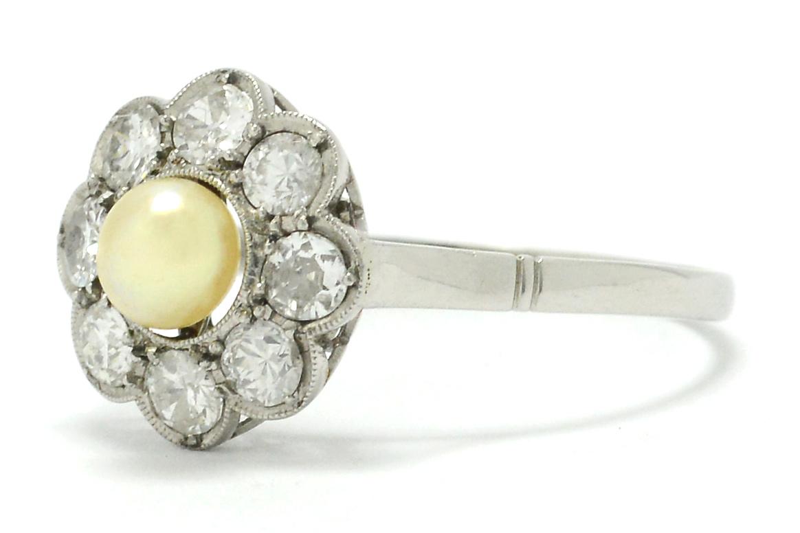 Natural Pearl Antique Diamond Engagement Ring Flower Cluster Motif In Good Condition In Santa Barbara, CA