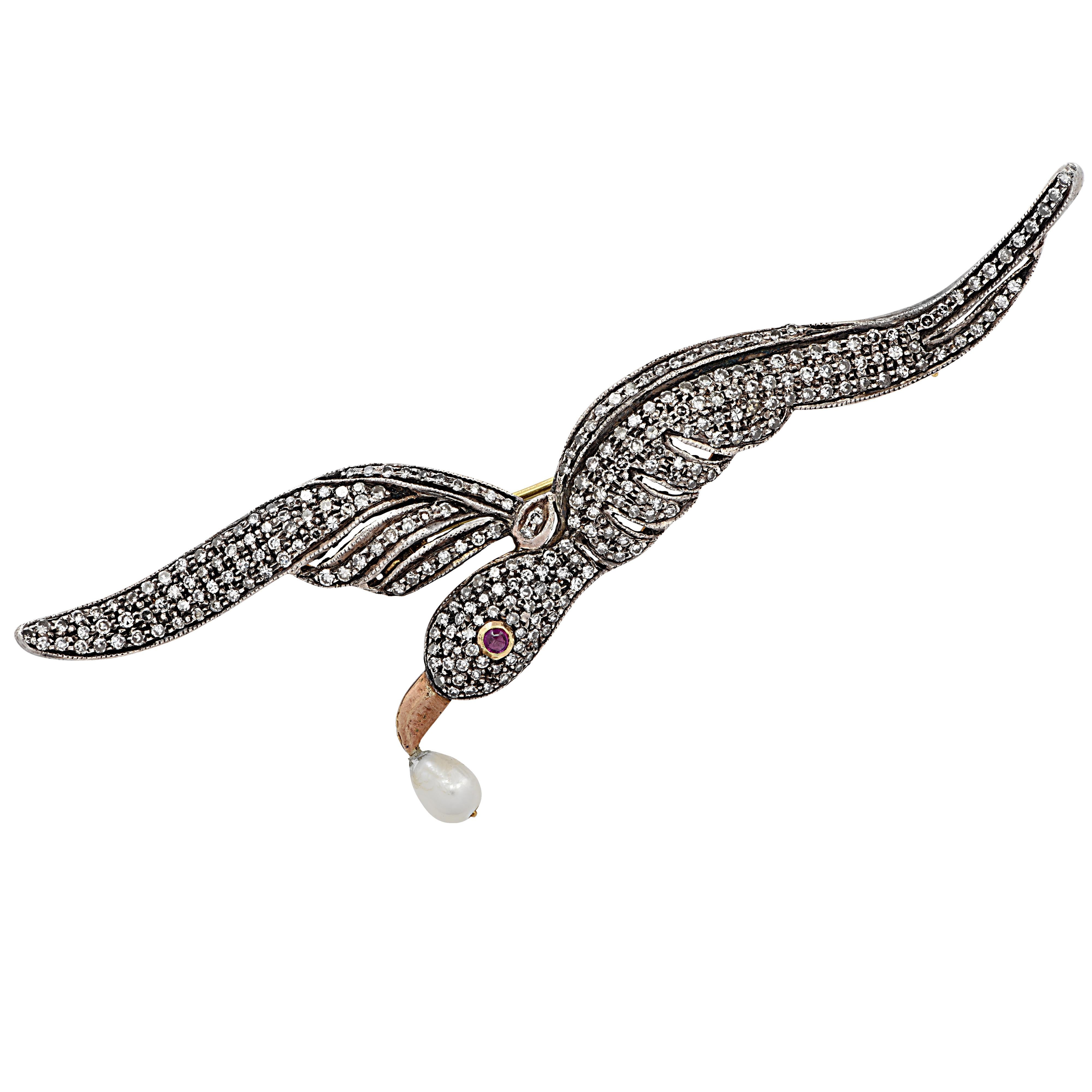 Round Cut Natural Pearl Bird Brooch Pin
