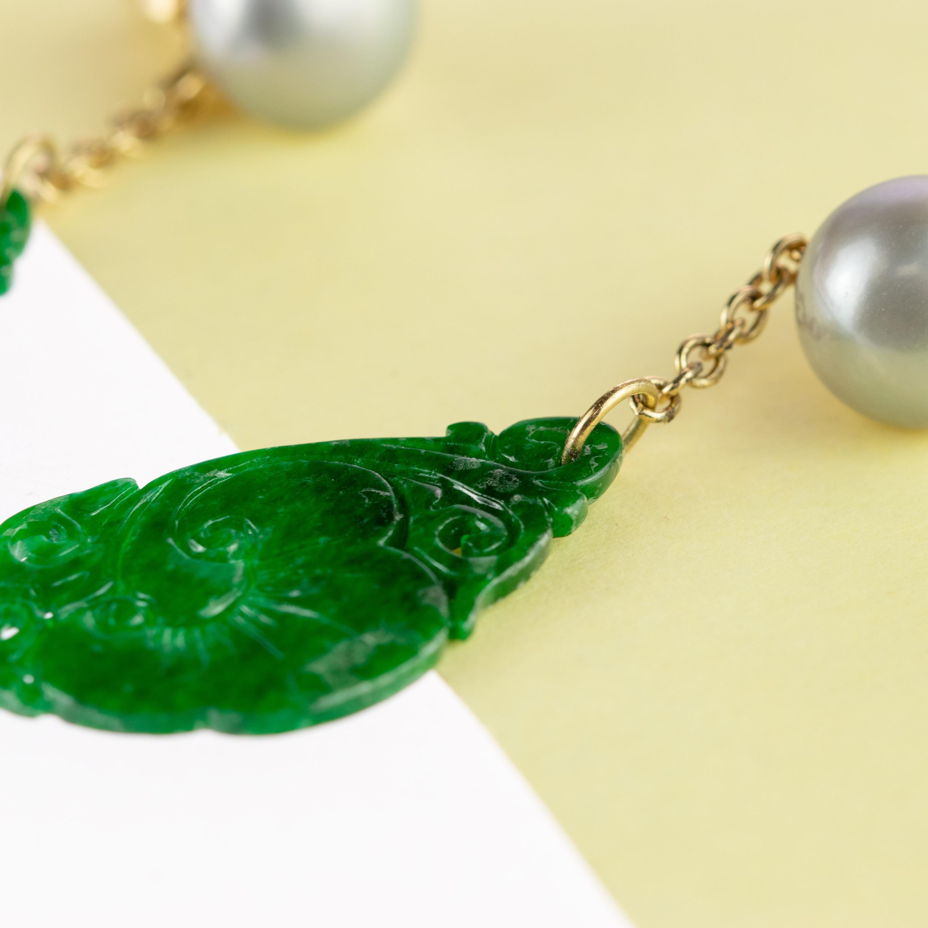 Artisan Pearl Carved Natural Jade Flower 18 Karat Yellow Gold Chain Dangle Drop Earrings