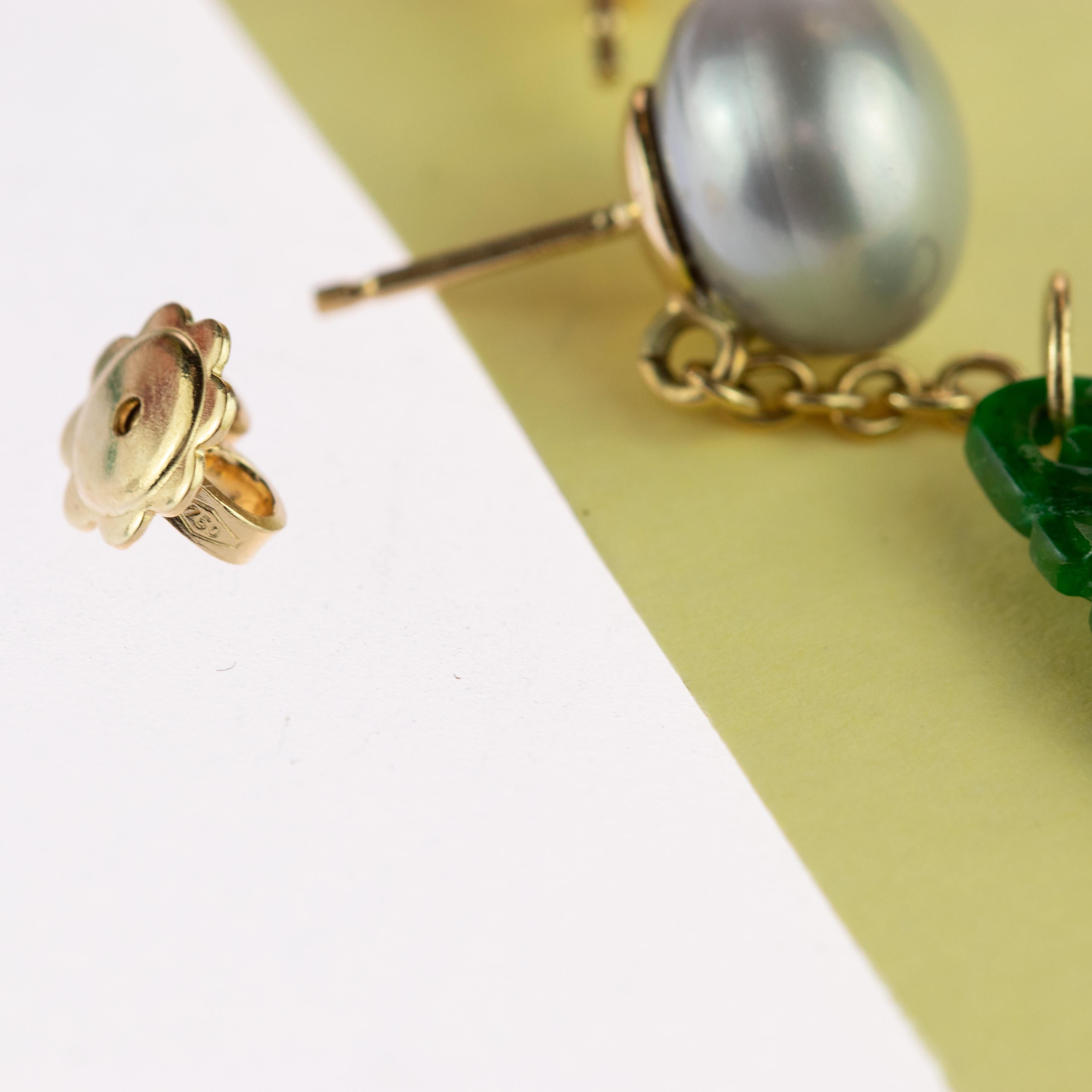 Women's or Men's Pearl Carved Natural Jade Flower 18 Karat Yellow Gold Chain Dangle Drop Earrings