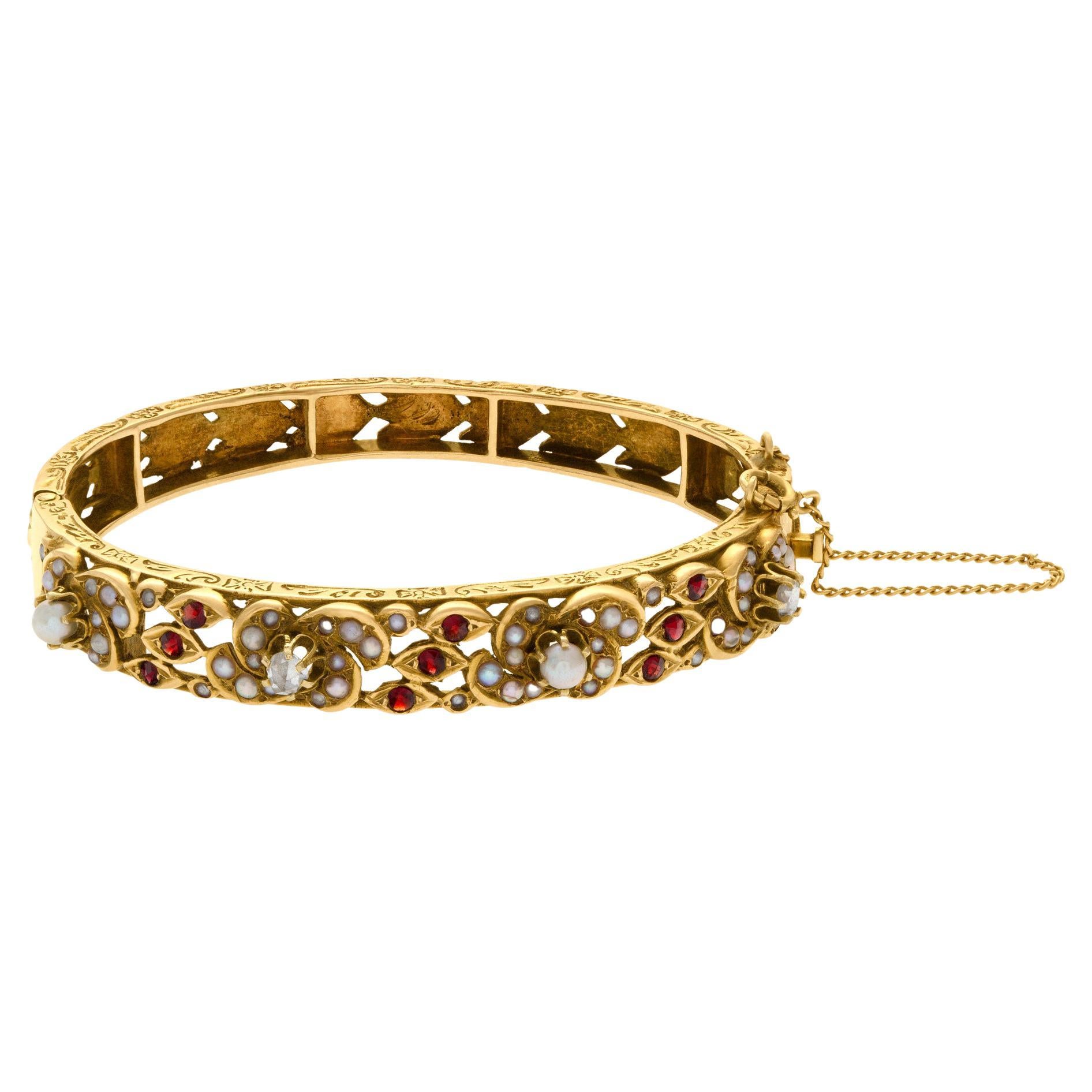 Natural Pearl, Diamond and Garnet Accents Bangle in 14k Yellow Gold For Sale