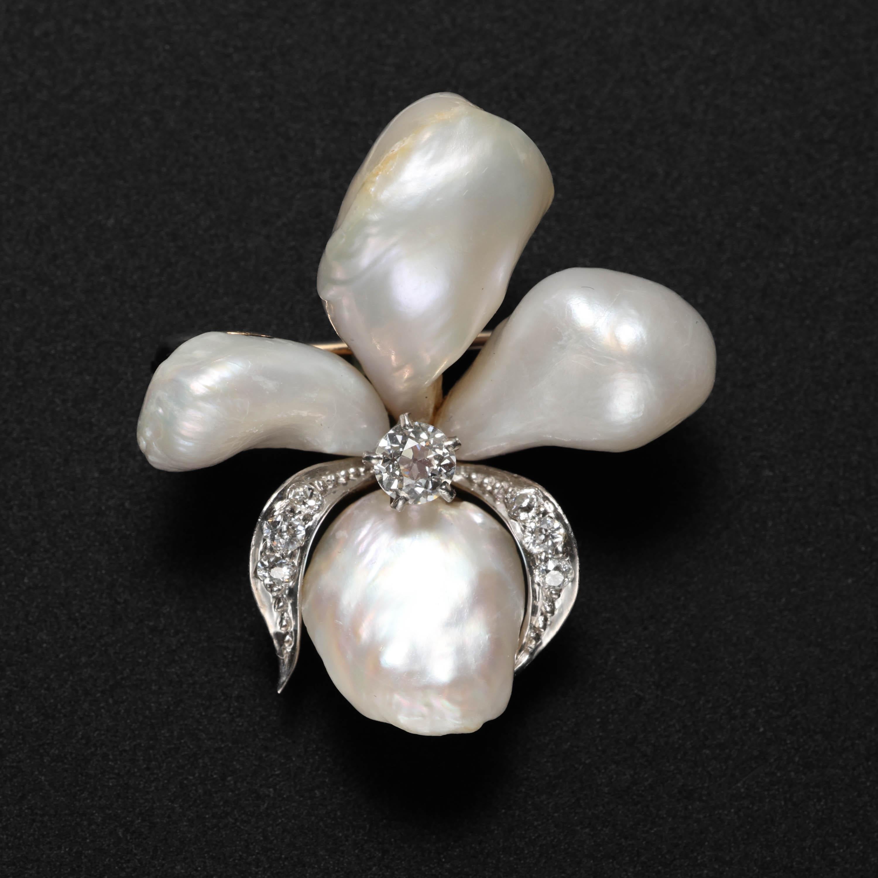Four baroque natural, uncultured river pearls -gleaming and iridescent- together resemble with stunning accuracy an iris flower; a design further emphasized by the central .10 carat European diamond and the two platinum 
