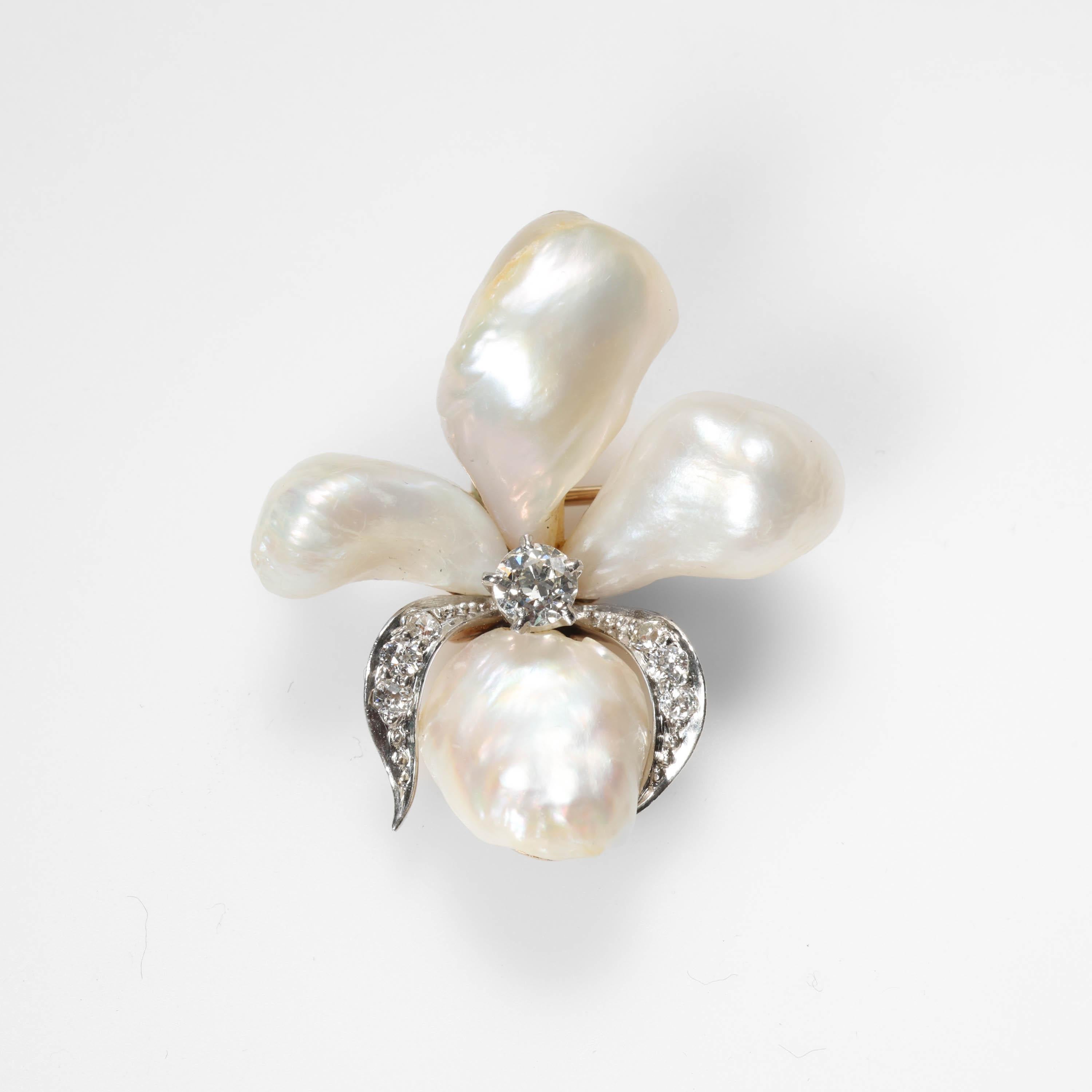 Art Deco Natural Pearl & Diamond Brooch For Sale