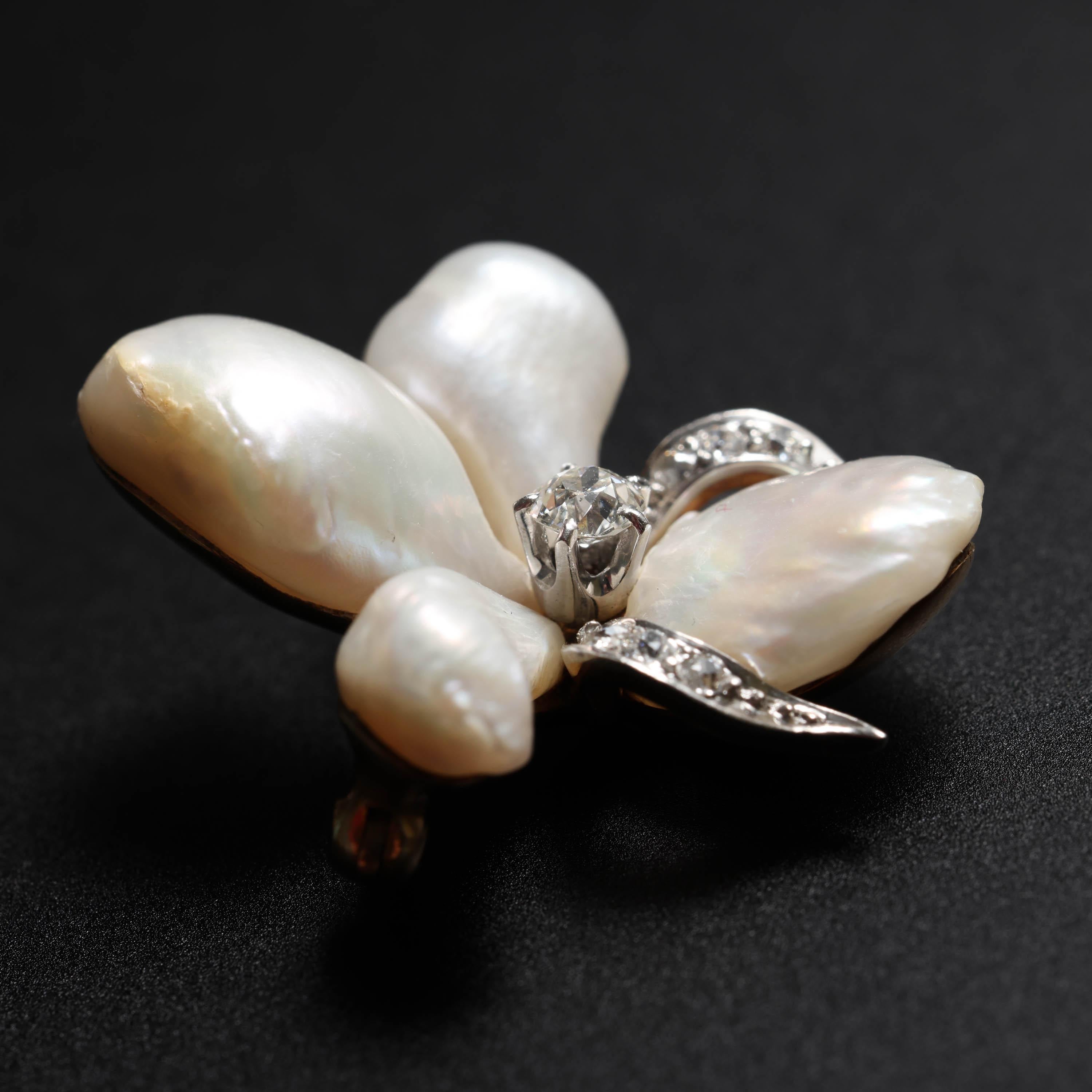 Natural Pearl & Diamond Brooch For Sale 2