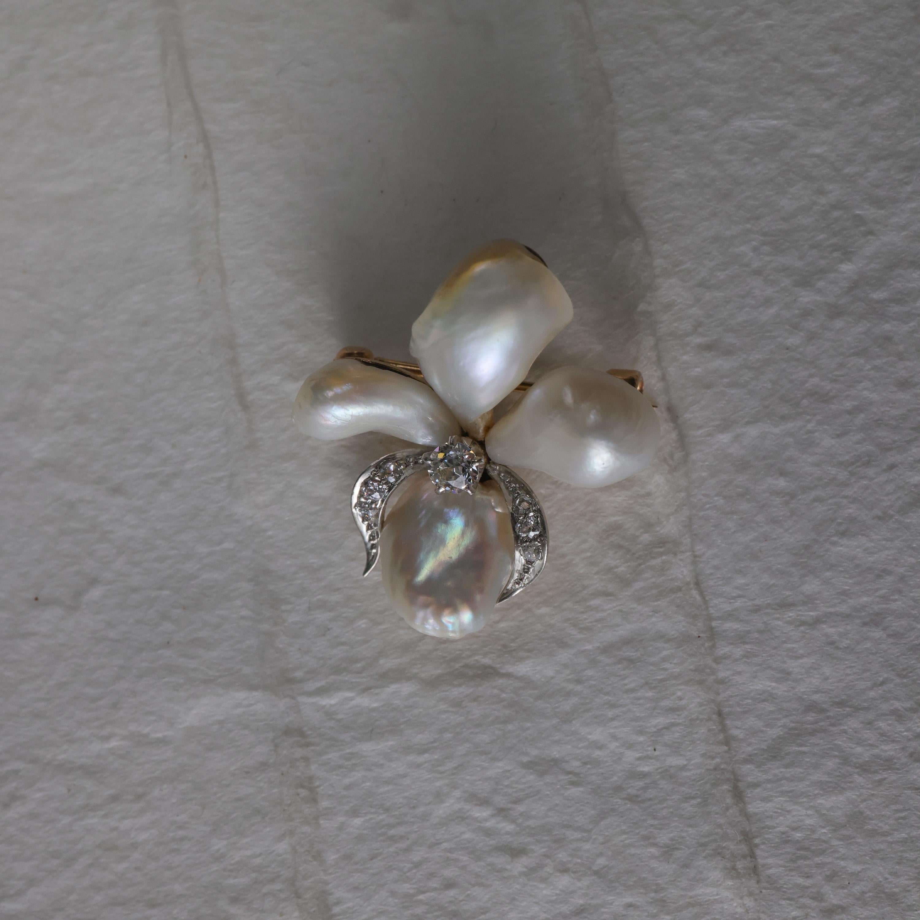 Natural Pearl & Diamond Brooch Shaped like an Iris. Incredible Quality. For Sale 5