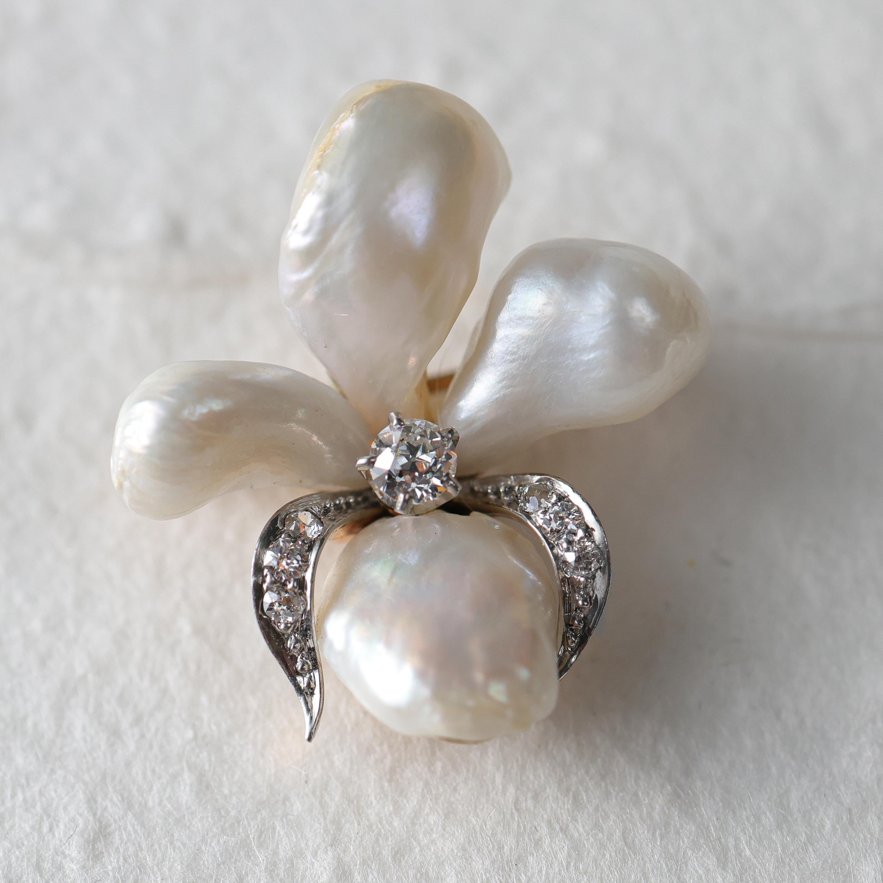 Natural Pearl & Diamond Brooch Shaped like an Iris. Incredible Quality. For Sale 6