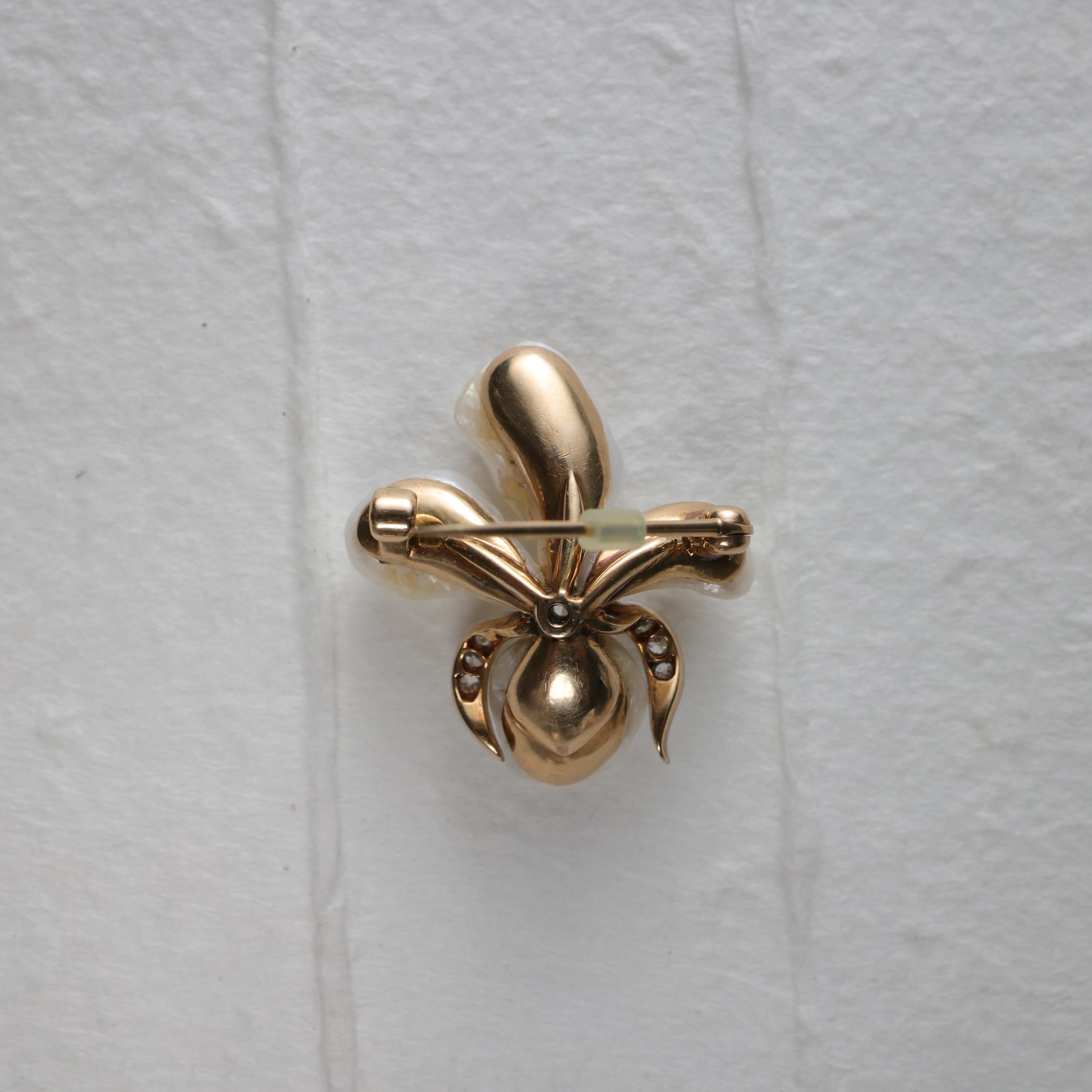 Natural Pearl & Diamond Brooch Shaped like an Iris. Incredible Quality. For Sale 8