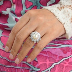 Natural Pearl Diamond Cocktail Ring 147 Karat White Gold Handmade Fine Jewelry