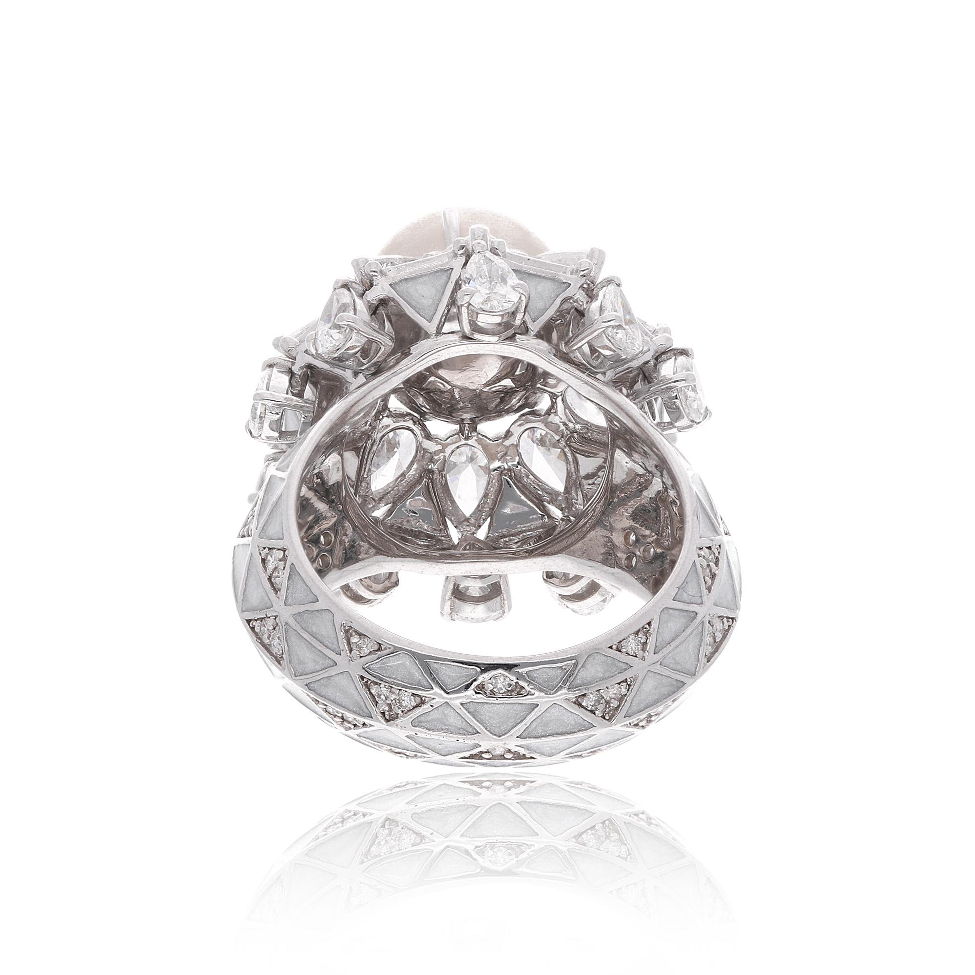 Im Angebot: Natürlicher Perlen-Diamant-Cocktailring 18 Karat Weißgold Handgefertigt Feiner Schmuck () 5