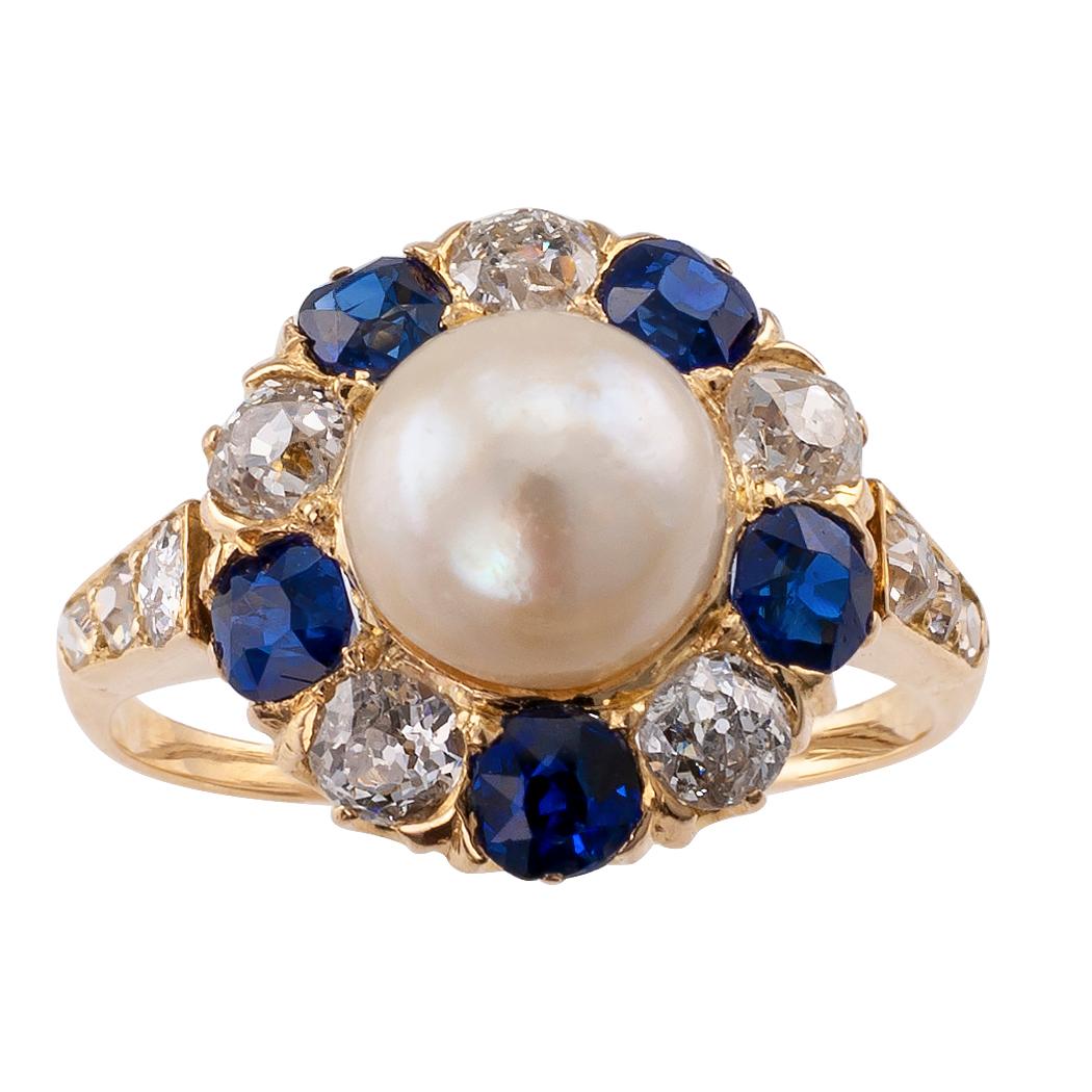 Natural Pearl Diamond Sapphire Victorian Gold Ring