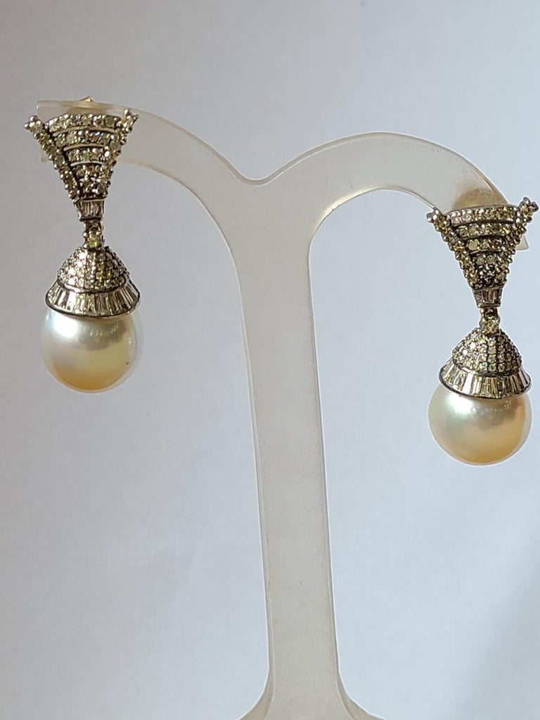 Women's or Men's Natural Pearl & Diamonds Art Deco Style Victorian Drop / Dangle Earring For Sale