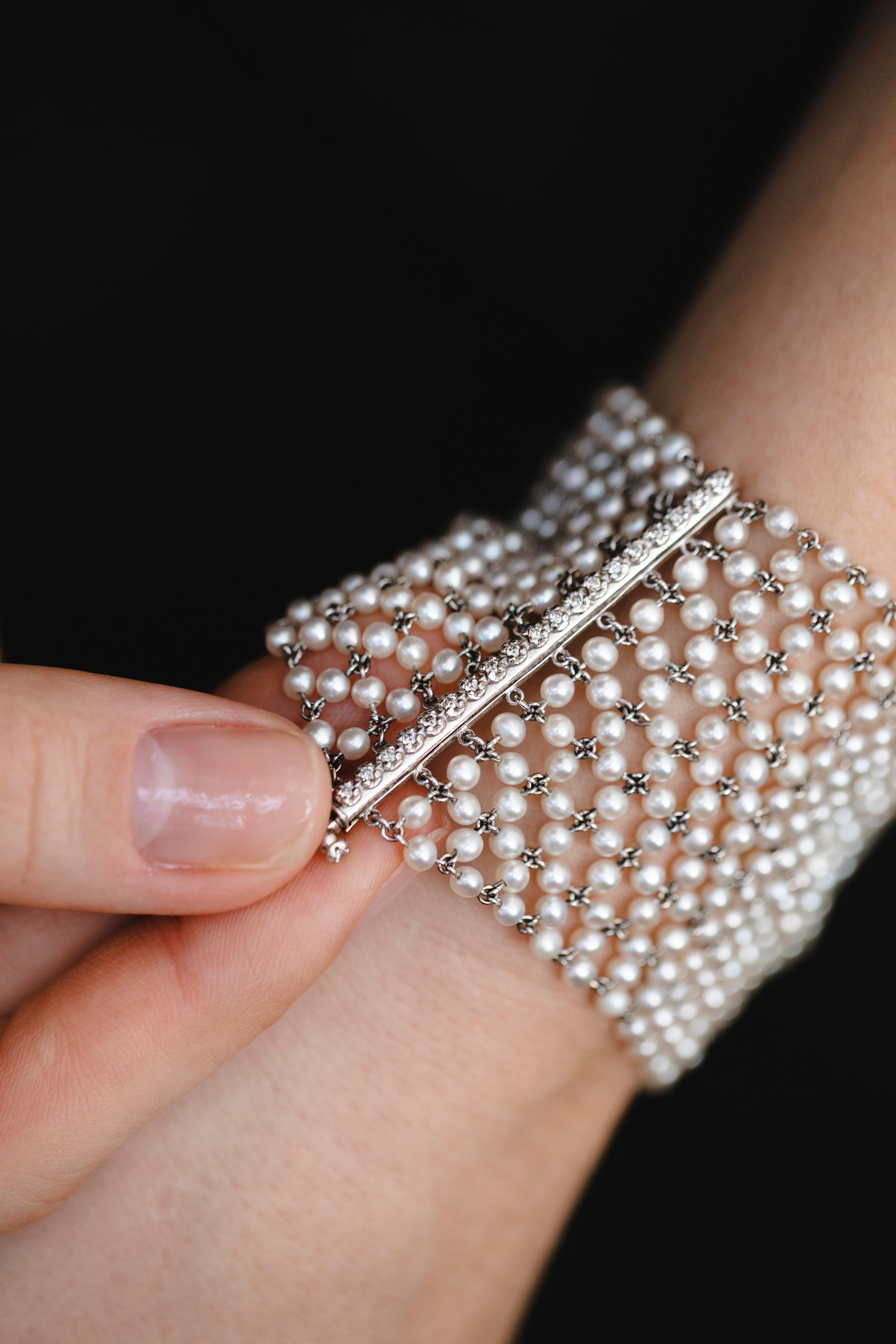 Naturperlen-Diamanten-Platin-Armband Belle Époque, 1910 7