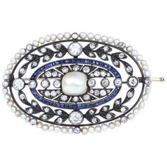 Natural Pearl Diamonds Sapphires Art Nouveau Gold Platinum Brooch, 1900