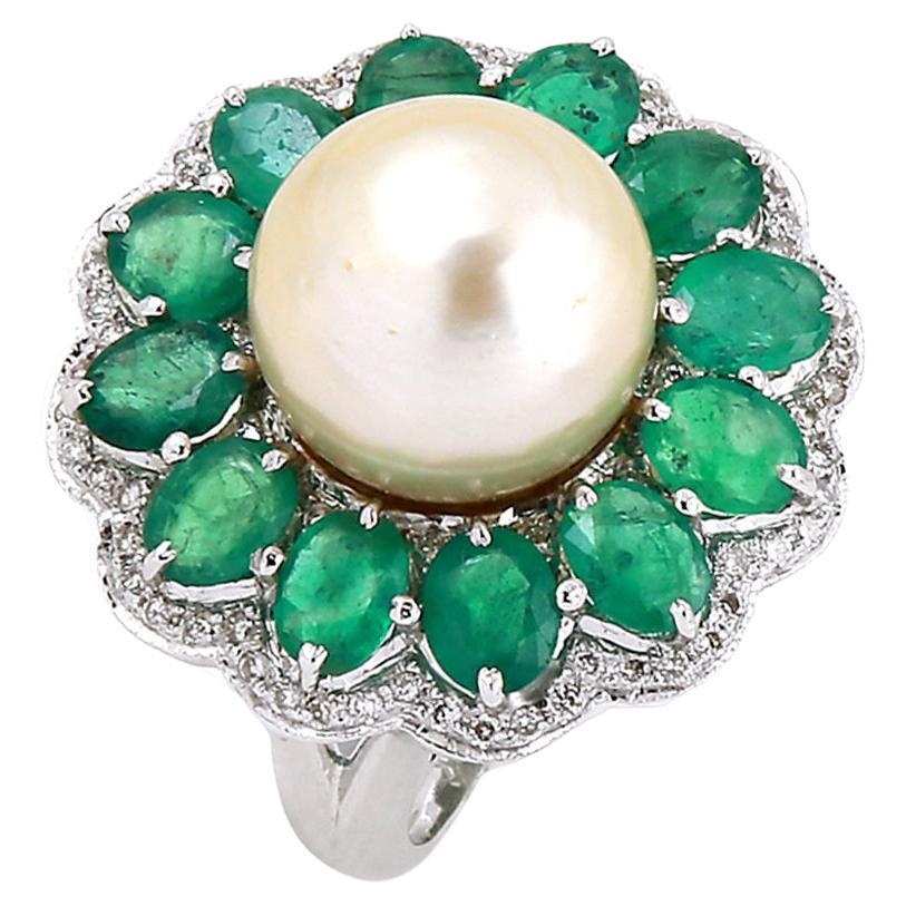 Natural Pearl & Emerald Gold Ring in 18k