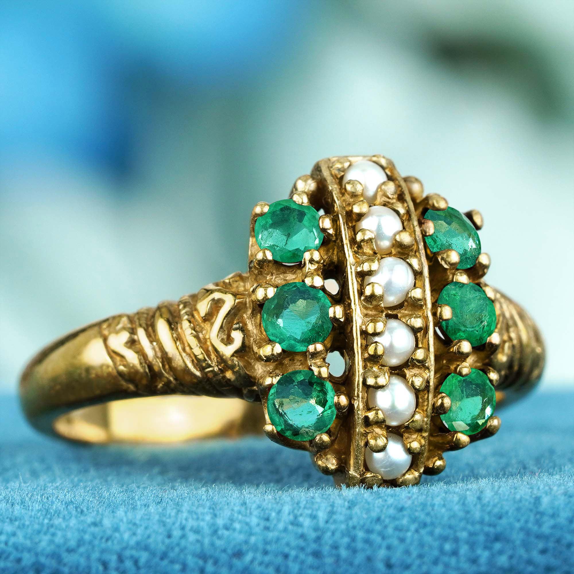 Edwardian Natural Pearl Emerald Vintage Style Cluster Ring in 9K Yellow Gold For Sale