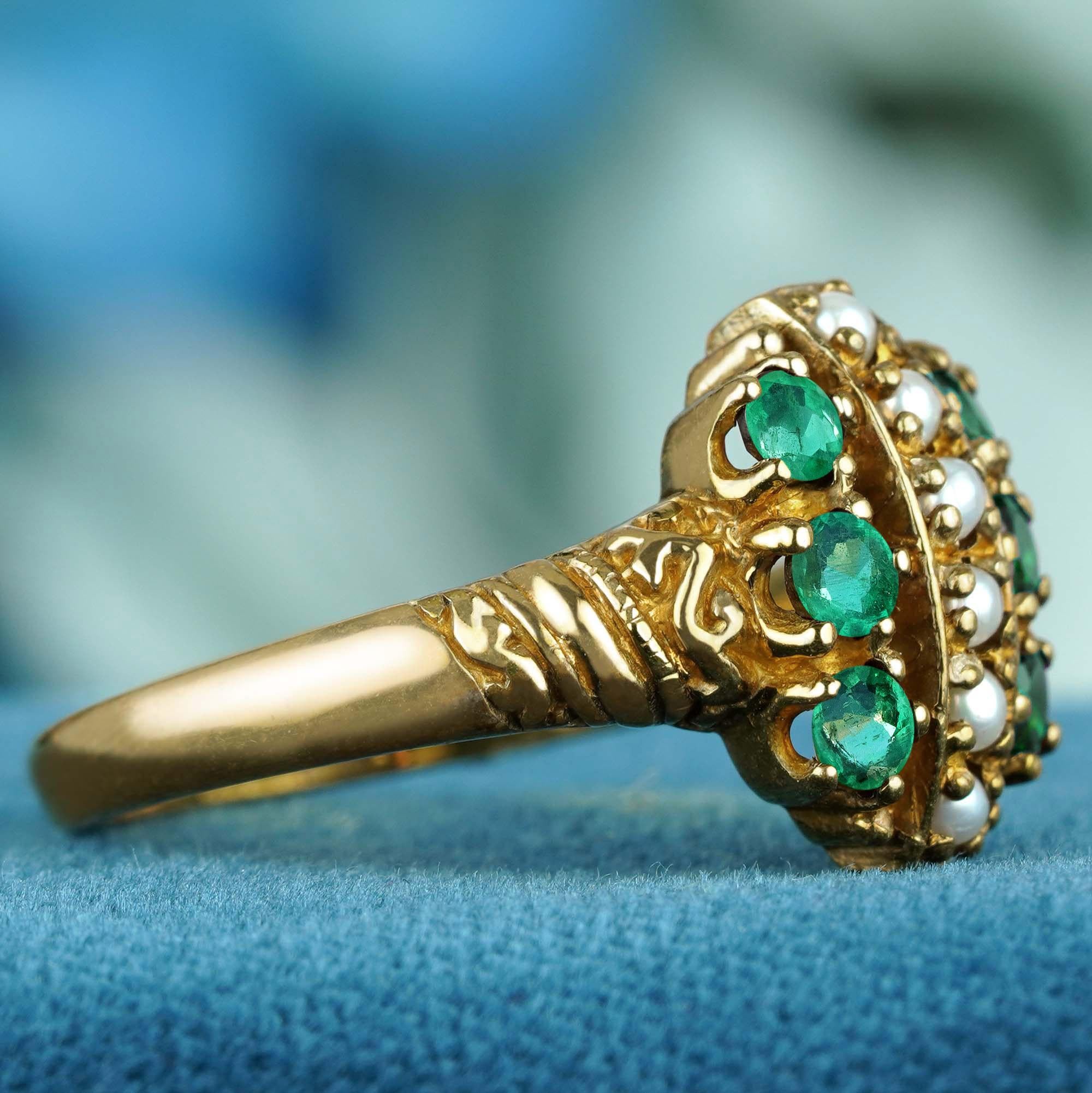 Round Cut Natural Pearl Emerald Vintage Style Cluster Ring in 9K Yellow Gold For Sale