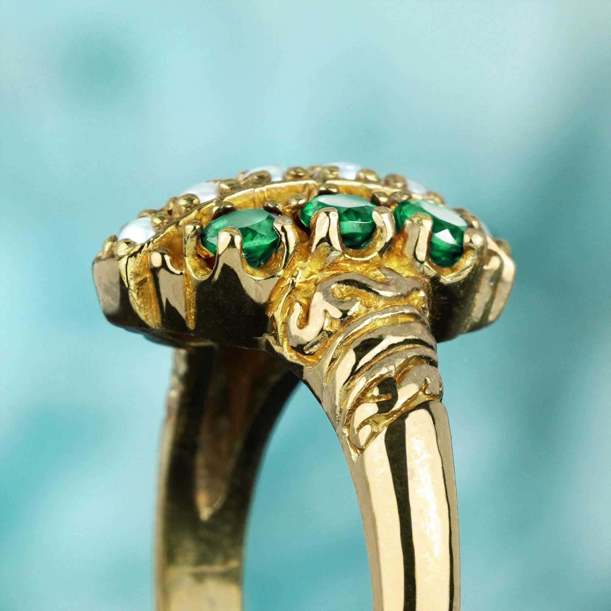 Women's or Men's Natural Pearl Emerald Vintage Style Cluster Ring in 9K Yellow Gold For Sale