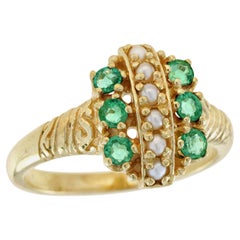 Bague de style vintage en or jaune 9K avec perles naturelles et émeraudes