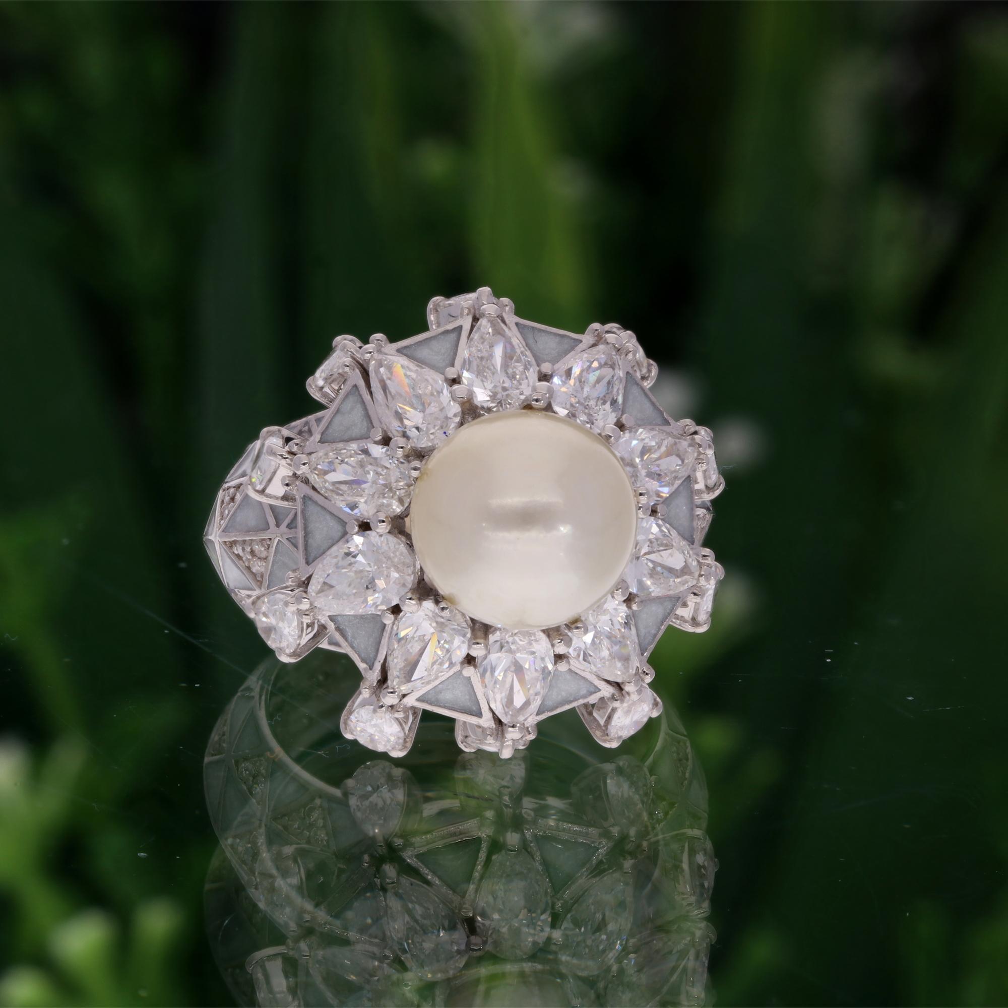For Sale:  Natural Pearl Gemstone Cocktail Ring Pearl Diamond 18 Karat White Gold Jewelry 2