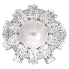 Natural Pearl Gemstone Cocktail Ring Pearl Diamond 18 Karat White Gold Jewelry