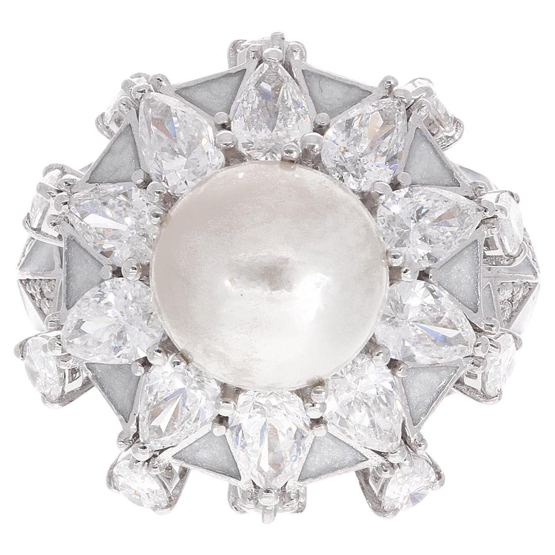 Natürliche Perle Edelstein Cocktail Ring Perle Diamant 18 Karat Weißgold Schmuck