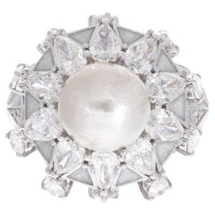 Natürliche Perle Edelstein Cocktail Ring Perle Diamant 18 Karat Weißgold Schmuck