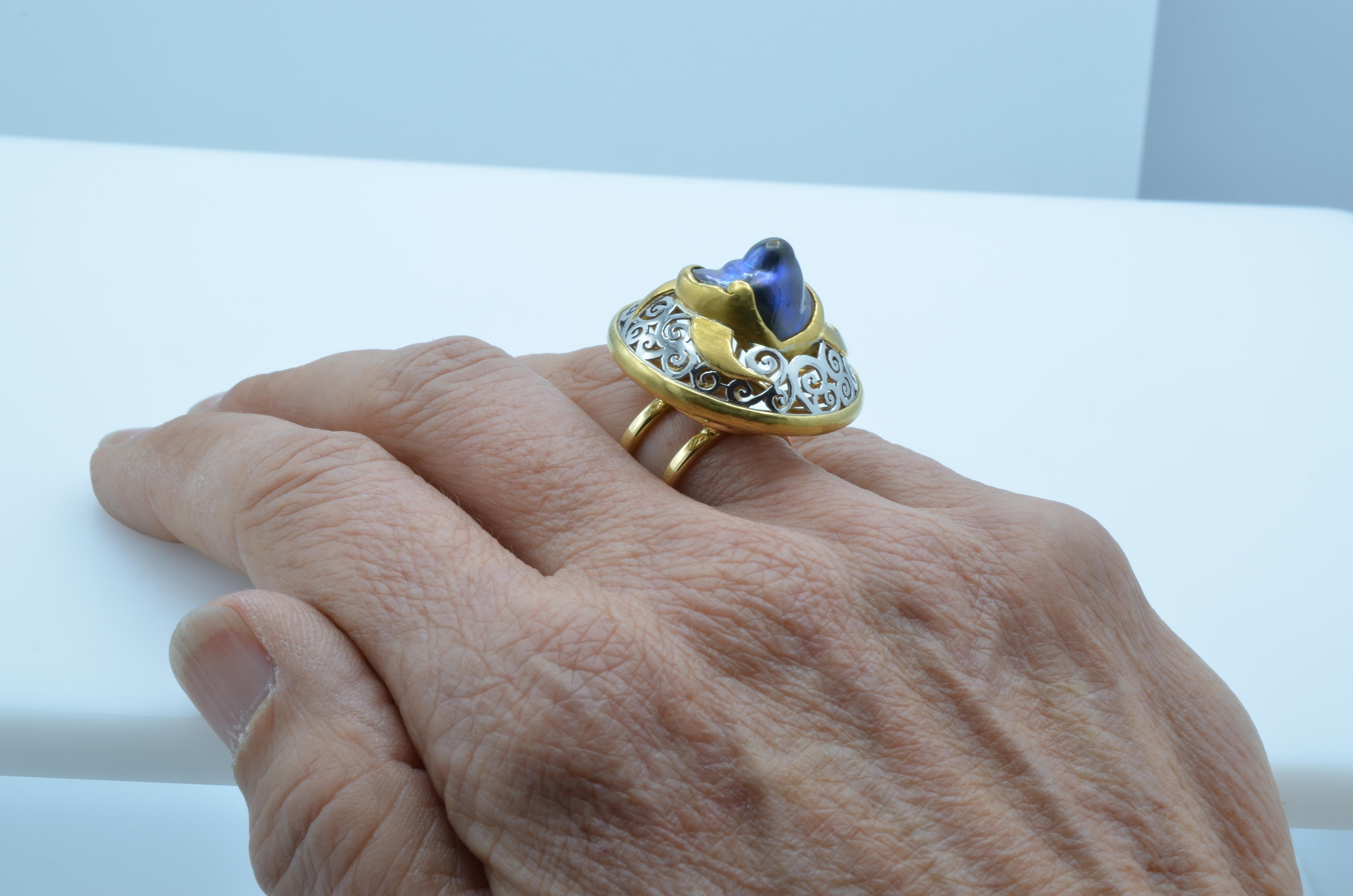 Cabochon Natural Pearl in 24 Karat Gold and Platinum Ring