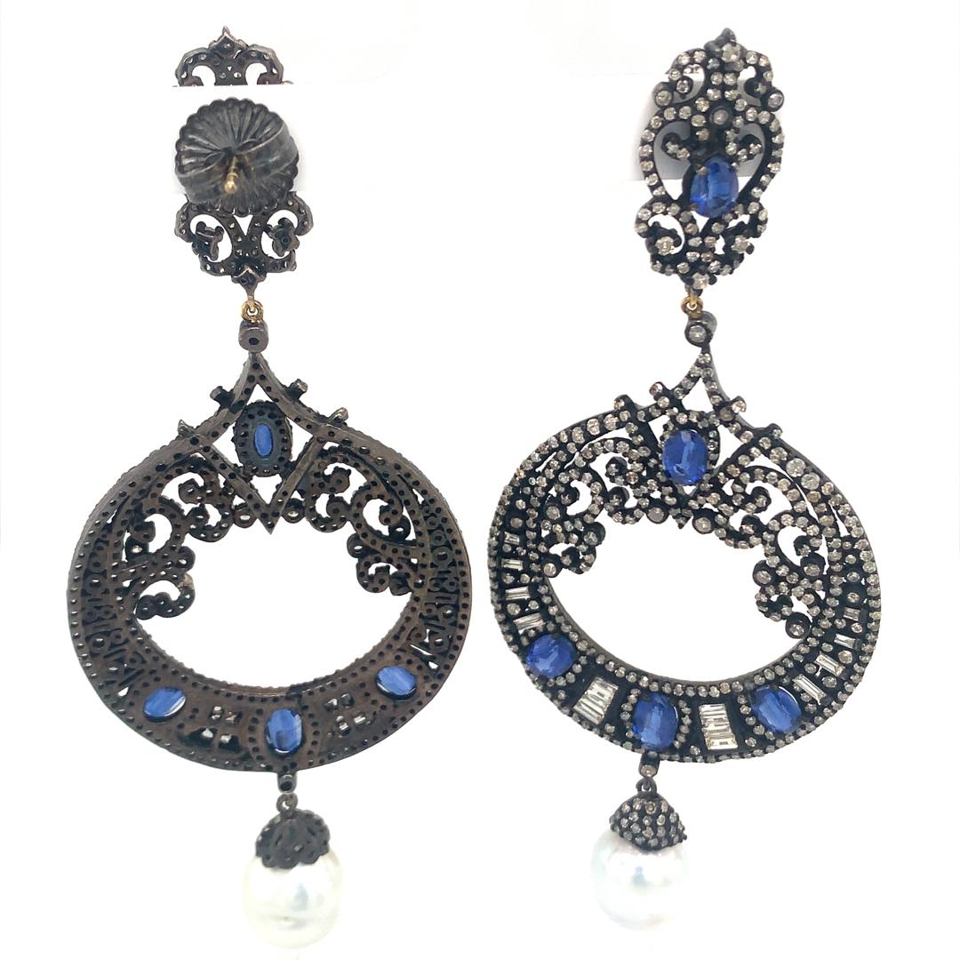Ohrringe aus Silber mit Naturperlen, Kyanit und Diamanten Damen im Angebot