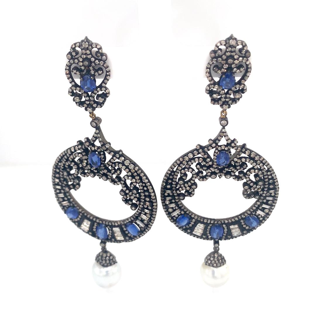 Natural Pearl, Kyanite and diamonds earrings in silver For Sale 2