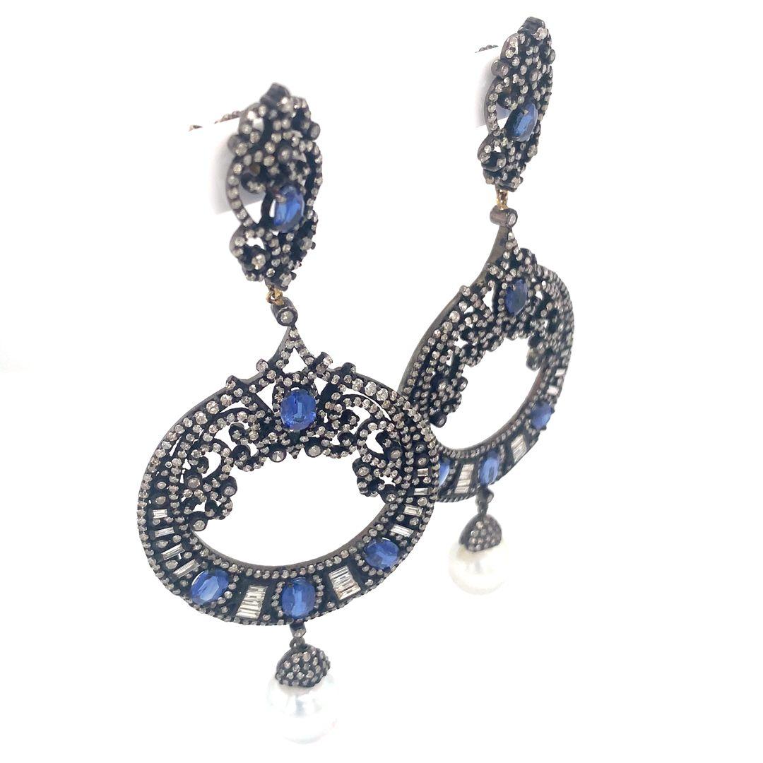 Ohrringe aus Silber mit Naturperlen, Kyanit und Diamanten im Angebot 3