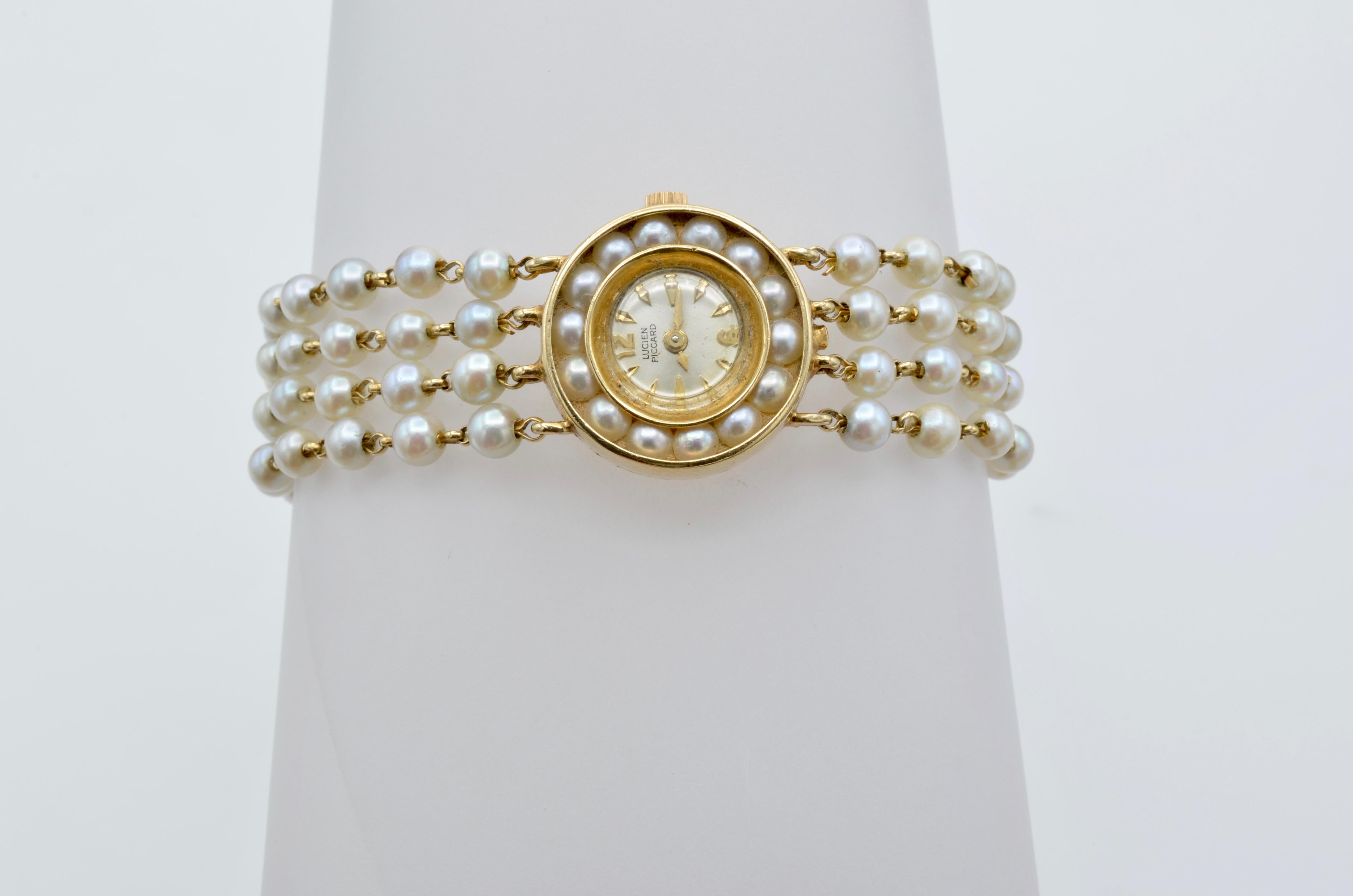 Modernist Watch in 14 Karat Gold Natural Pearl Lucien Piccard
