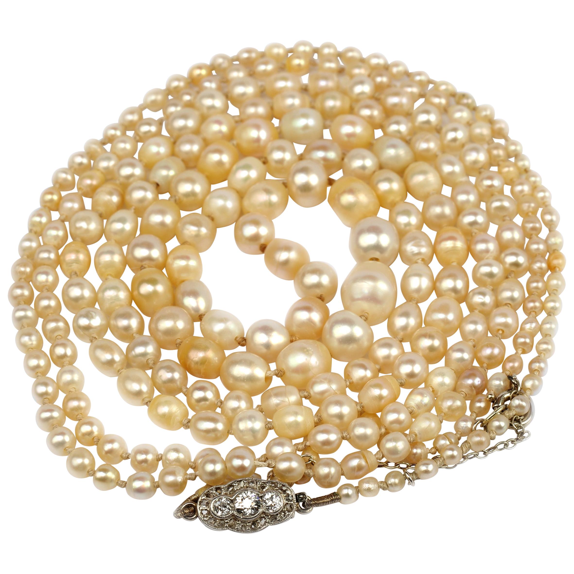 Edwardian Natural Pearl Necklace Diamond Clasp Certified Natural Pearls