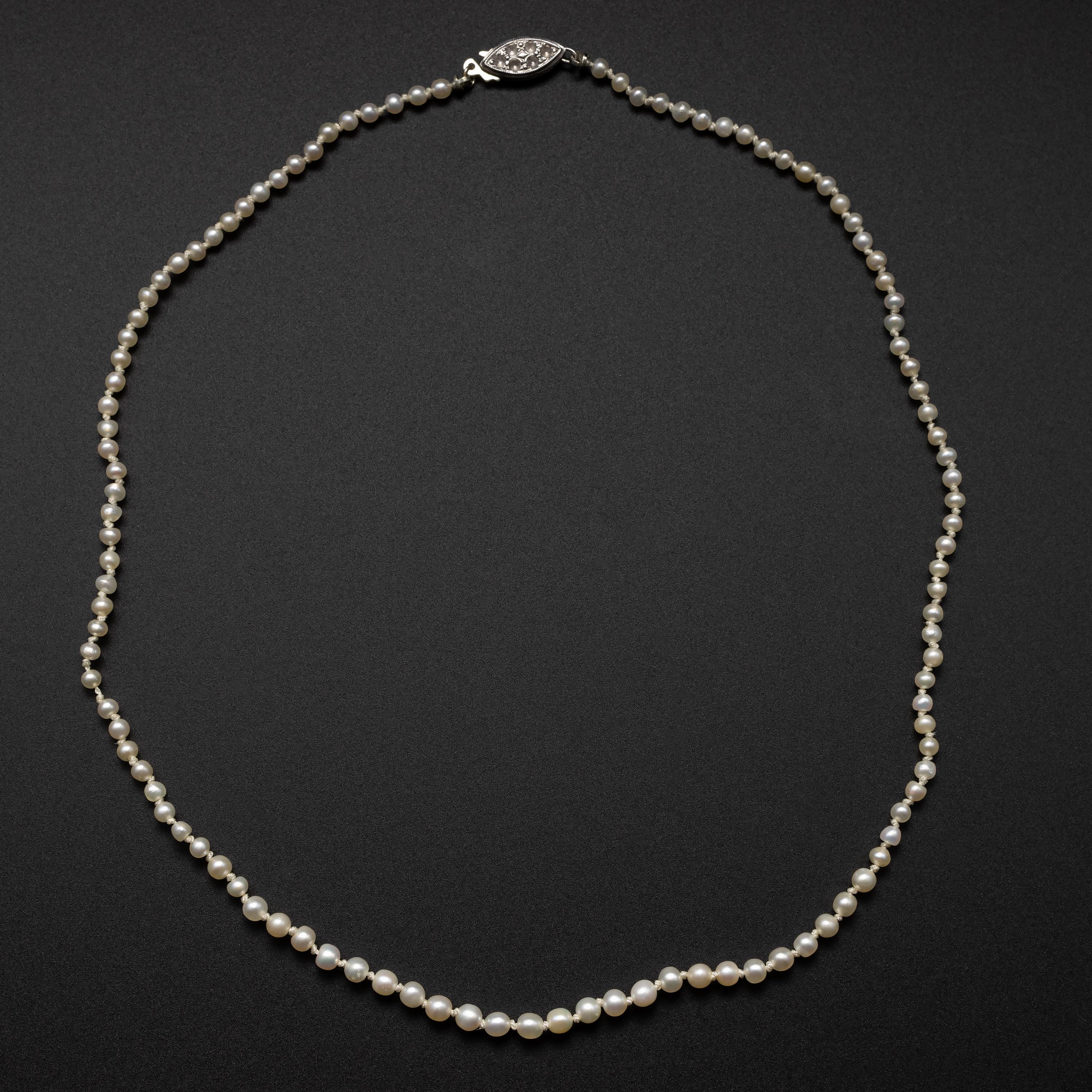 Diese Art Deco-Ära (ca. 1930er Jahre) Perlenkette misst eine kurze 15 ½ Zoll und besteht aus 111 natürlichen, ungezüchteten Salzwasserperlen. Die kleinen, leuchtenden Perlen sind zwischen 2,64 und 3,62 mm groß und weisen einen schönen Orient auf, d.