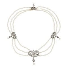 Natural Pearl Necklace with Diamond Set Snakes