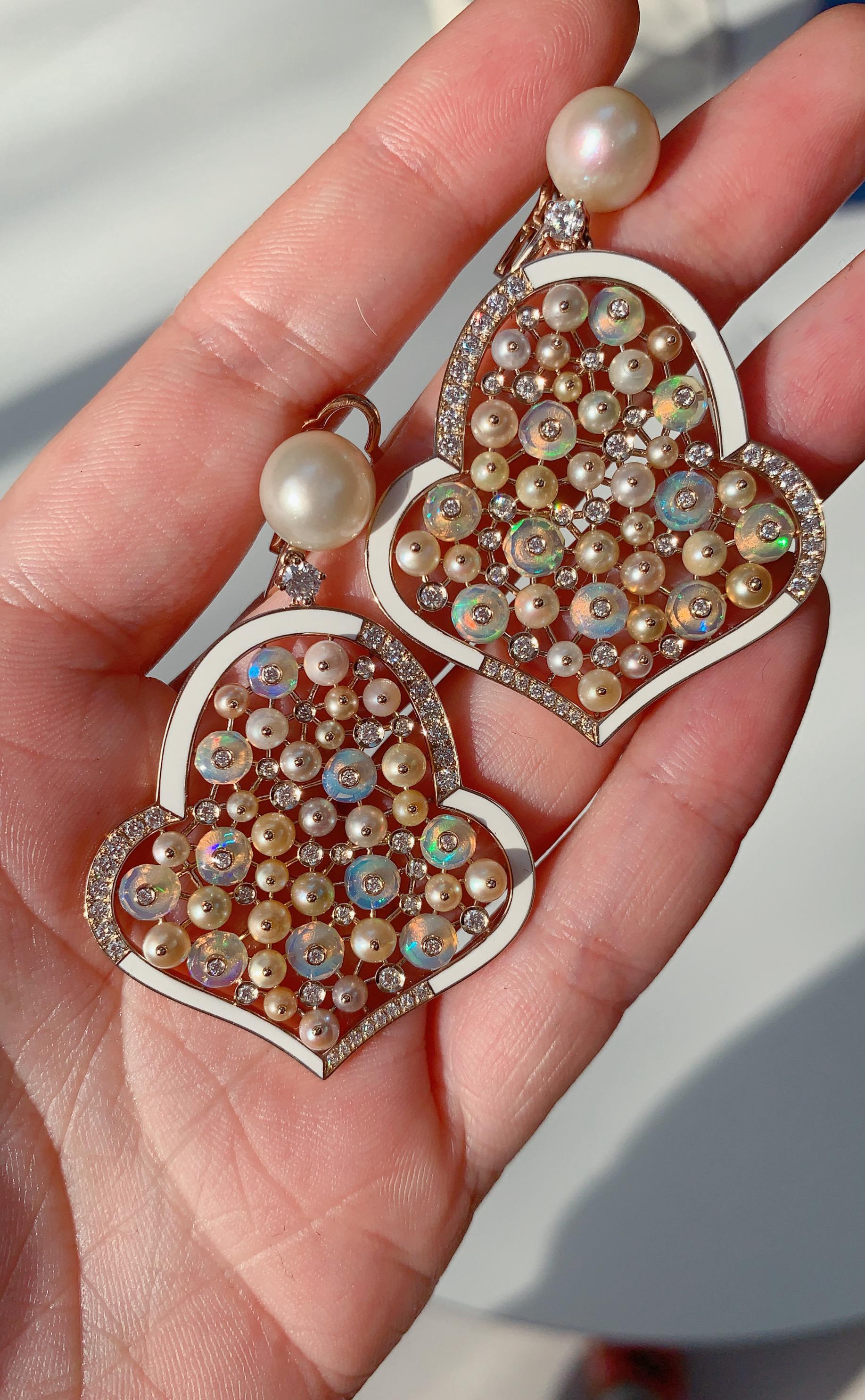 A Pair of Natural Pearl, Opal, Diamond and Enamel Gold Earrings as part of the Selene Suite by Jewelry Designer, Sarah Ho.

The Selene pieces capture the luminescent beauty of the natural pearls - these pearls range in color from apricot to lavender