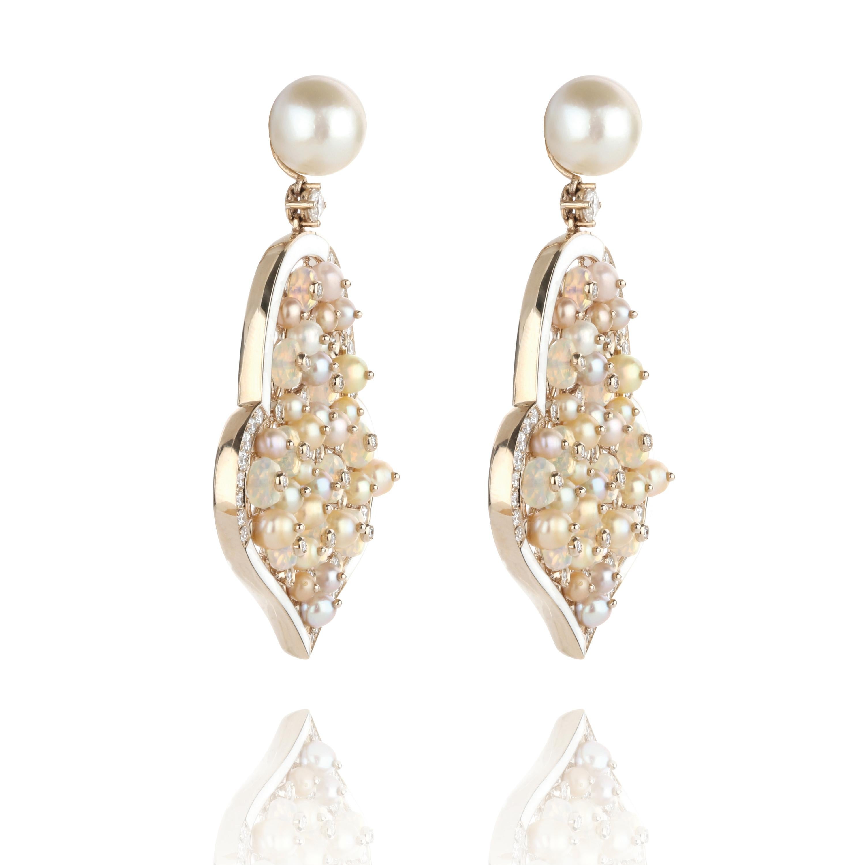 Rose Cut Natural Pearl, Opal and Diamond Earrings For Sale