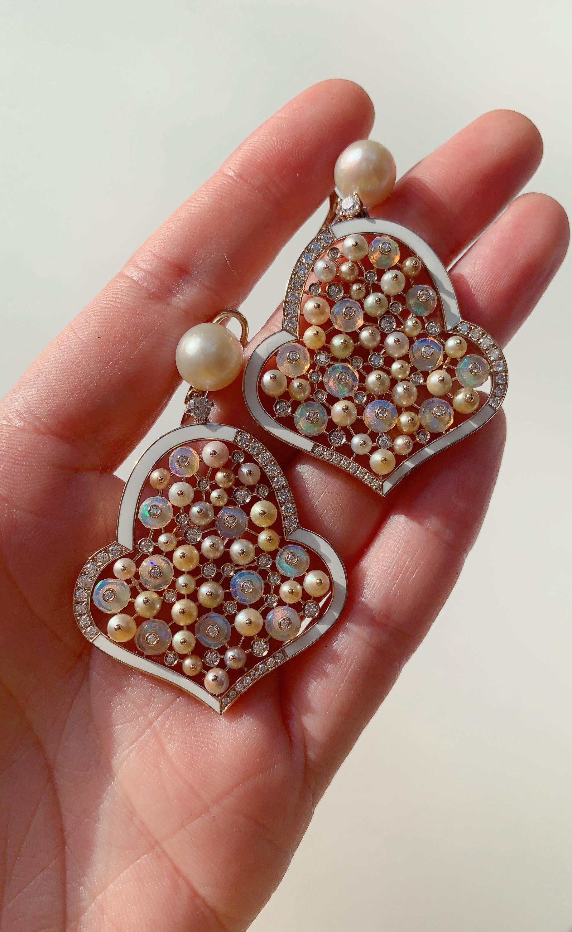Women's or Men's Natural Pearl, Opal and Diamond Earrings For Sale