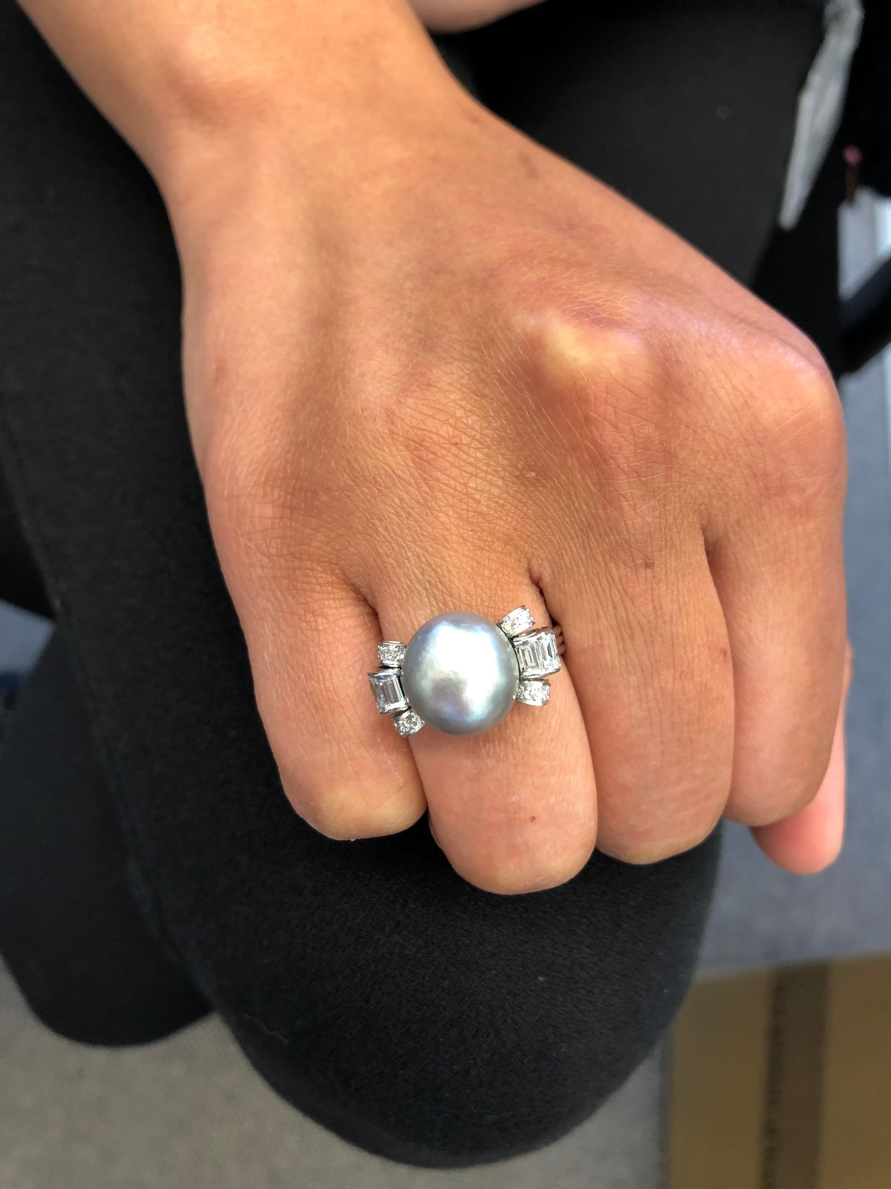 Natural Pearl Ring with Diamonds in Platinum 6