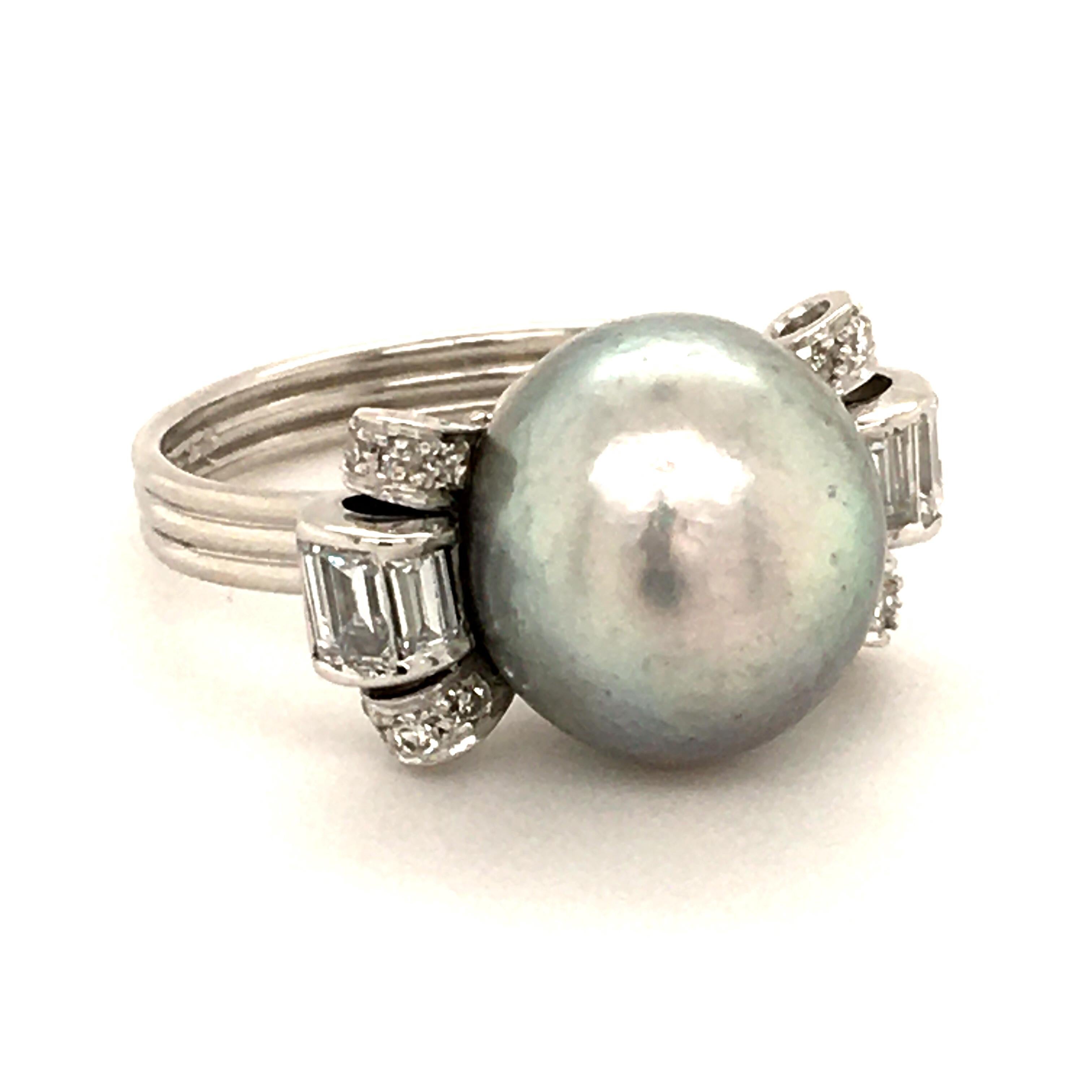 Baguette Cut Natural Pearl Ring with Diamonds in Platinum