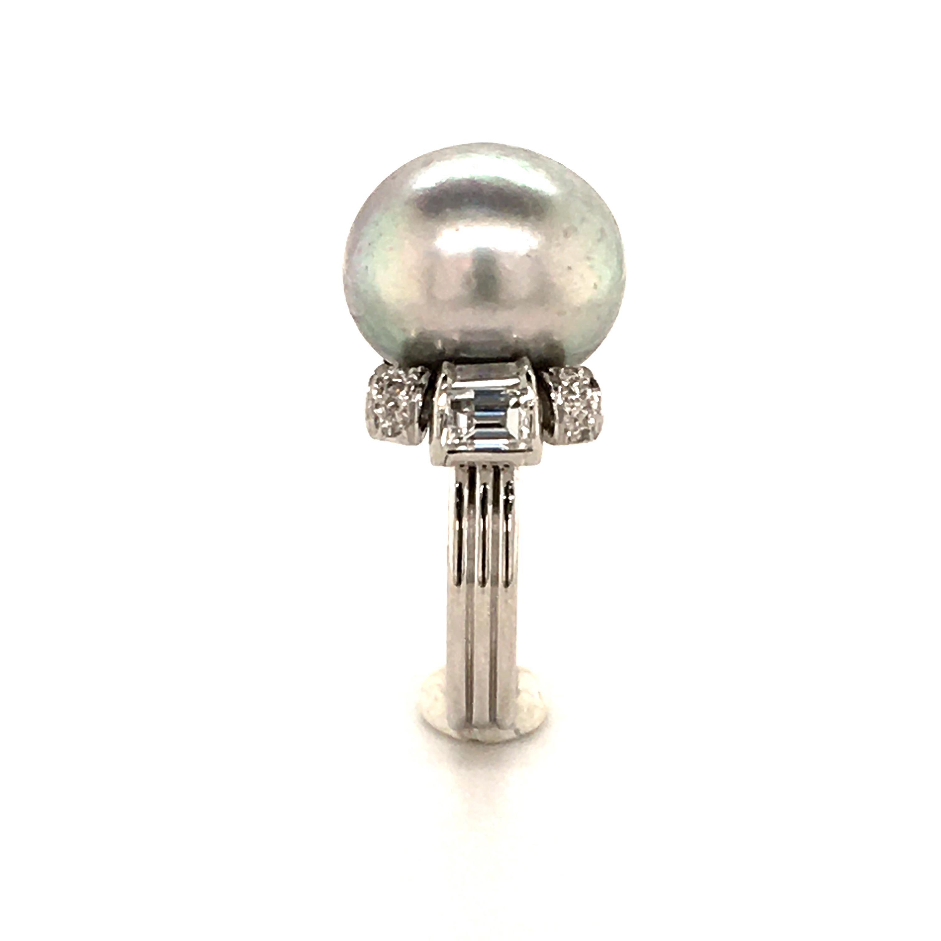 Women's or Men's Natural Pearl Ring with Diamonds in Platinum