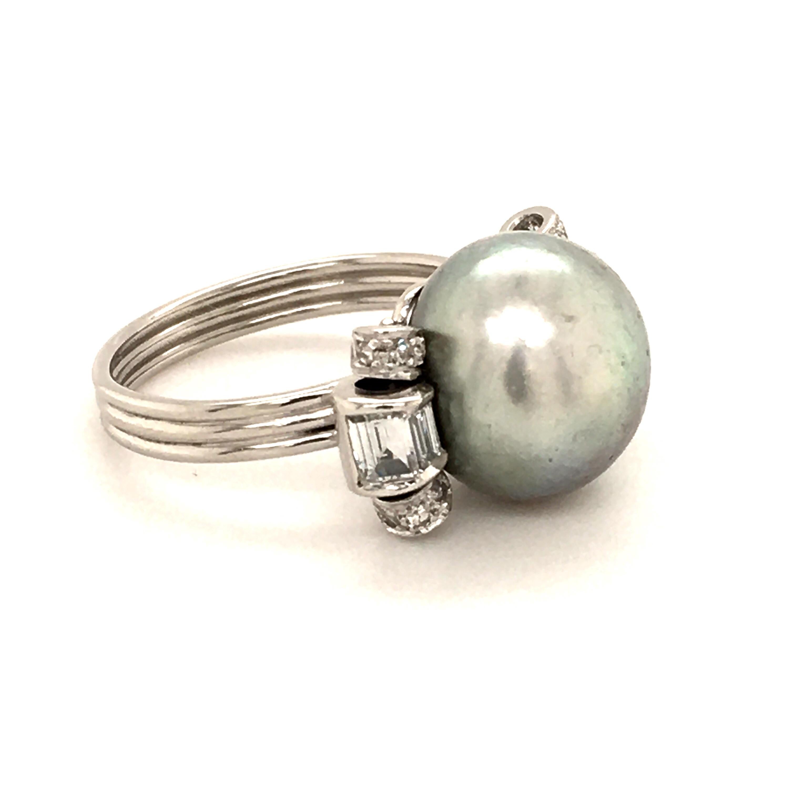 Natural Pearl Ring with Diamonds in Platinum 2