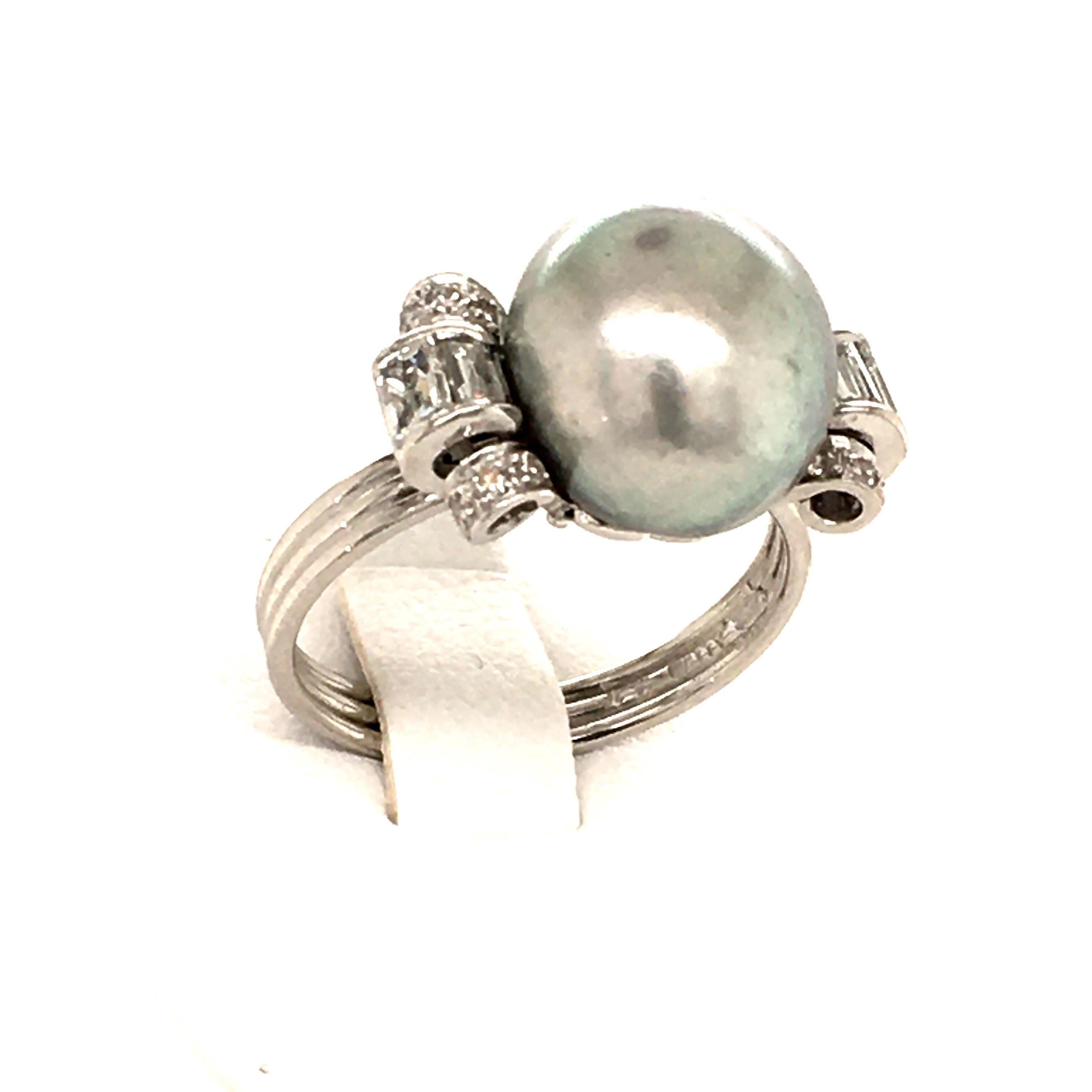 Natural Pearl Ring with Diamonds in Platinum 3