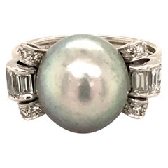 Antique Natural Pearl Ring with Diamonds in Platinum