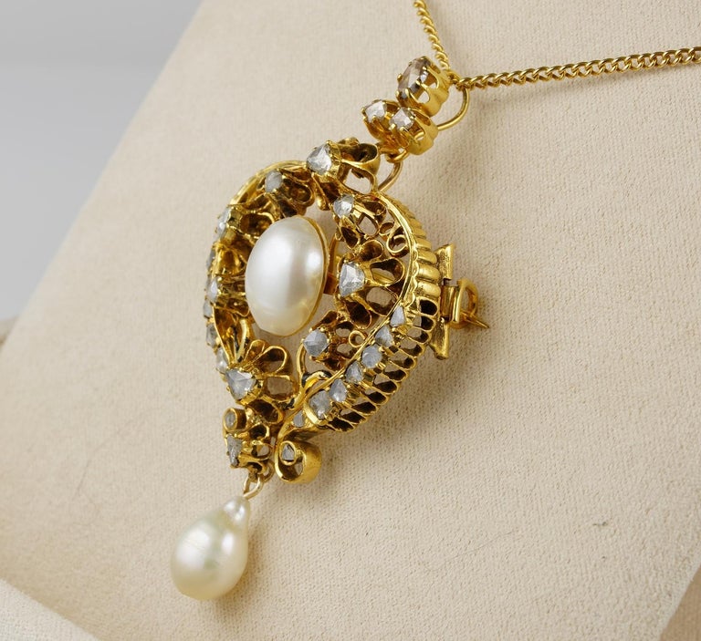 Natural Pearl Rose Cut Diamond Pendant Necklace 18 Karat Solid Gold For ...
