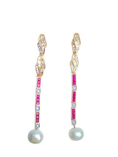 Natural Pearl, Ruby, and Diamond 14K Gold Retro-Era Earrings