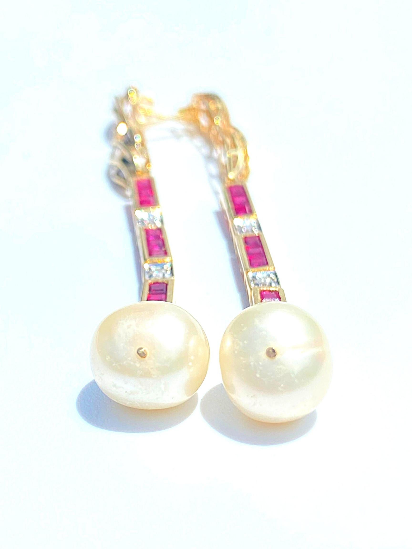 Natural Pearl, Ruby, and Diamond 14K Gold Retro-Era Earrings In Good Condition For Sale In Miami, FL