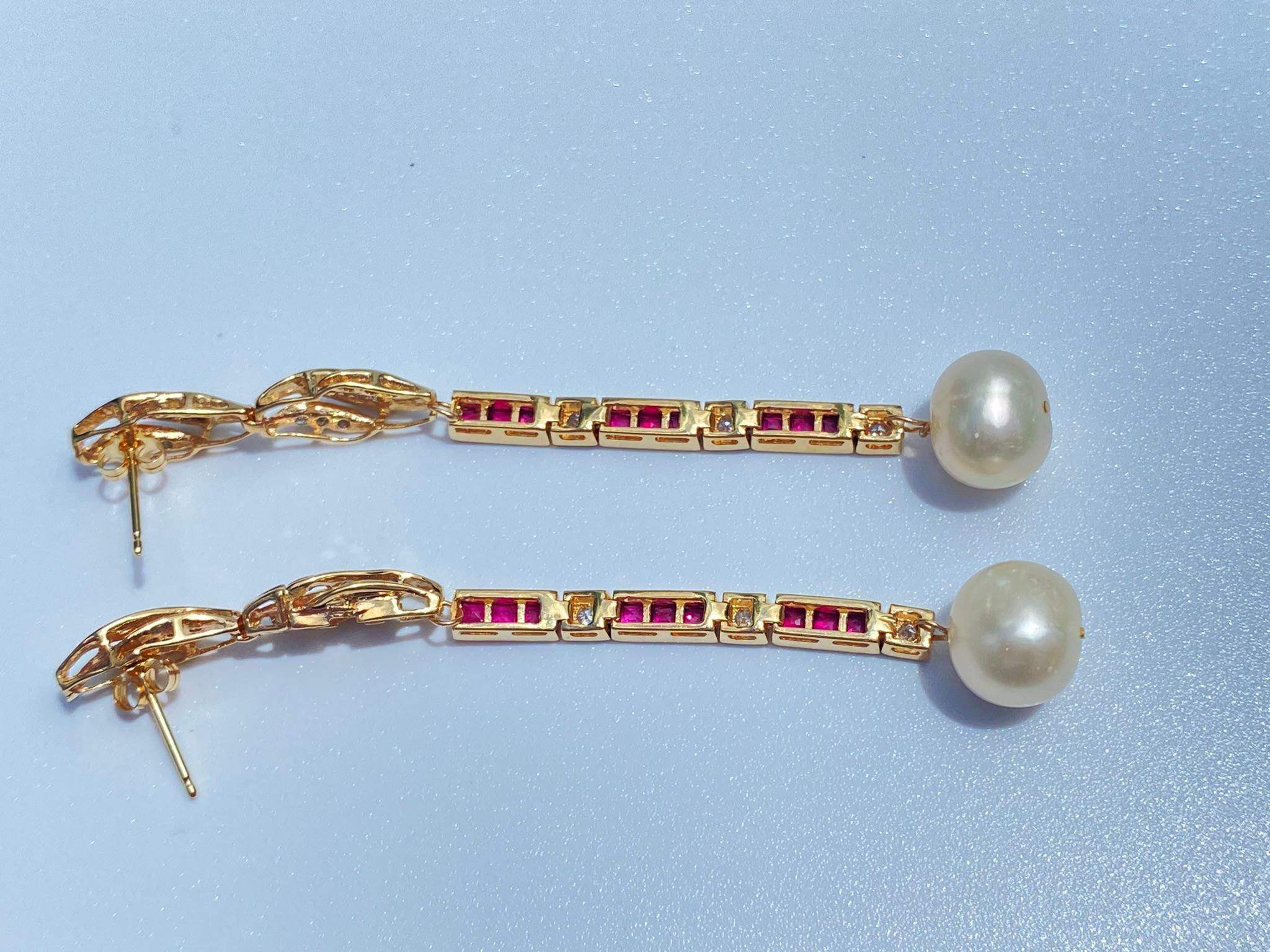 Women's or Men's Natural Pearl, Ruby, and Diamond 14K Gold Retro-Era Earrings For Sale