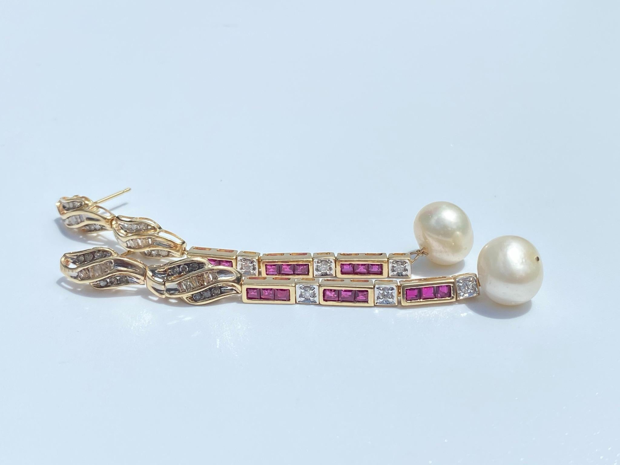 Natural Pearl, Ruby, and Diamond 14K Gold Retro-Era Earrings For Sale 3