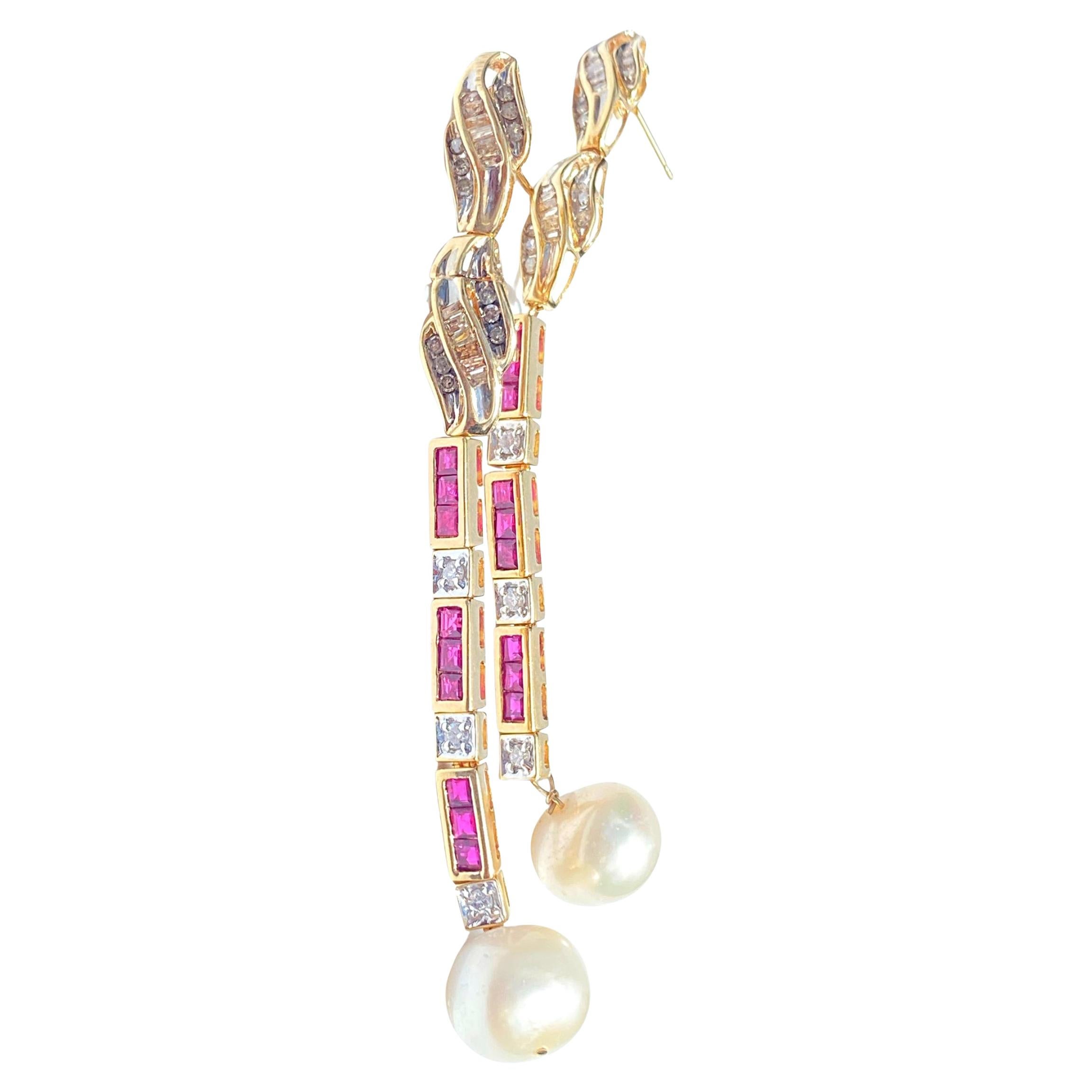 Natural Pearl, Ruby, and Diamond 14K Gold Retro-Era Earrings For Sale
